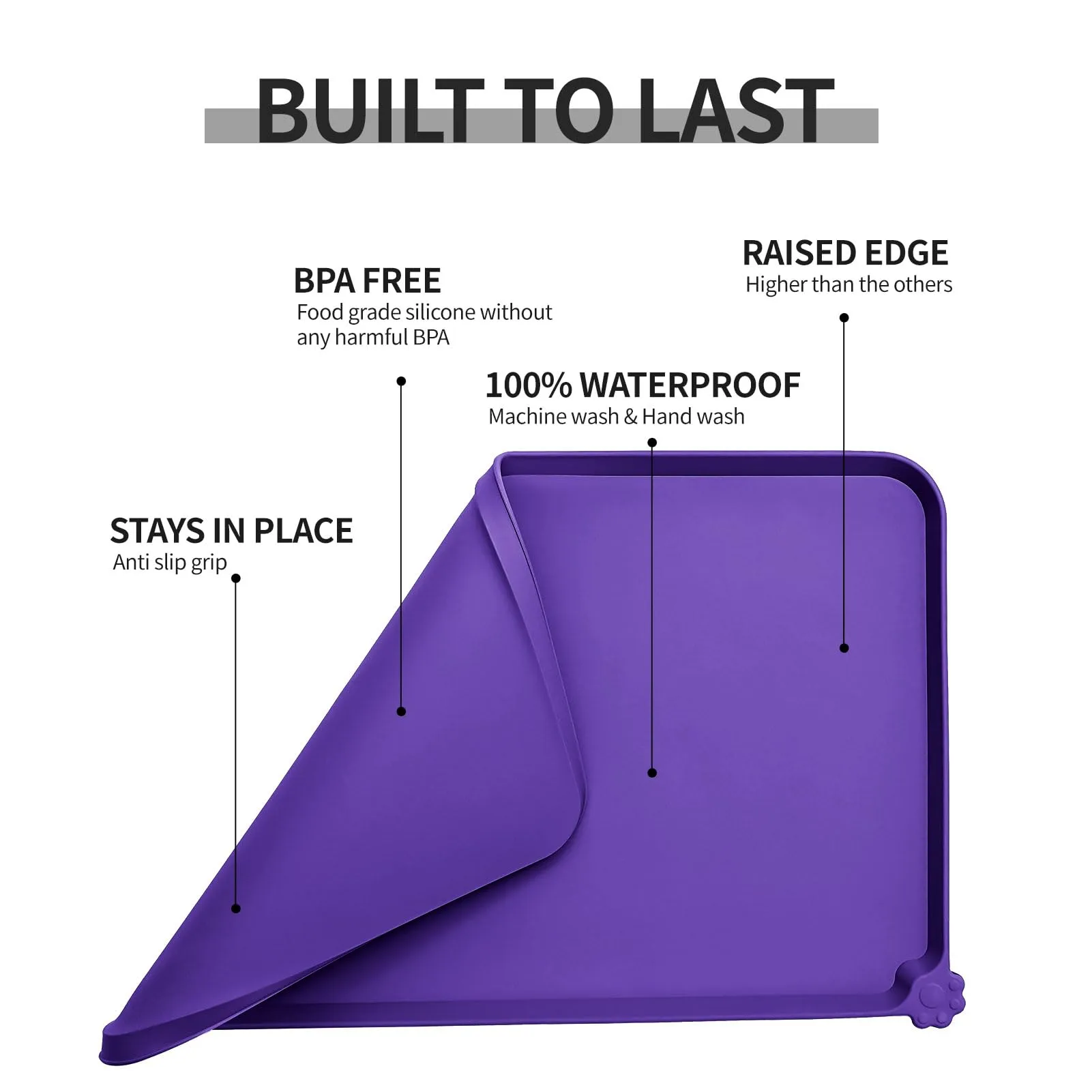 Reopet Tappetino in Silicone per Cibo e Acqua per Animali Domestici, Impermeabile con Bordi Rialzati, 71 x 45 cm, Viola - immagine 5