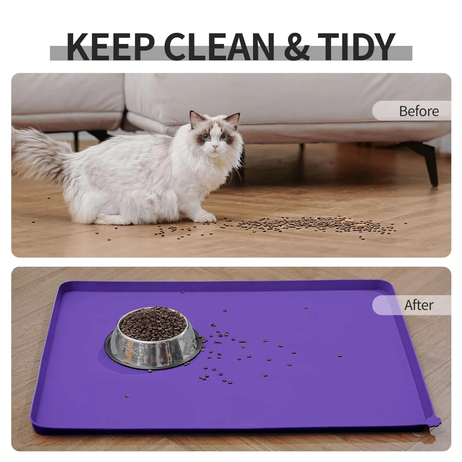 Reopet Tappetino in Silicone per Cibo e Acqua per Animali Domestici, Impermeabile con Bordi Rialzati, 71 x 45 cm, Viola - immagine 6