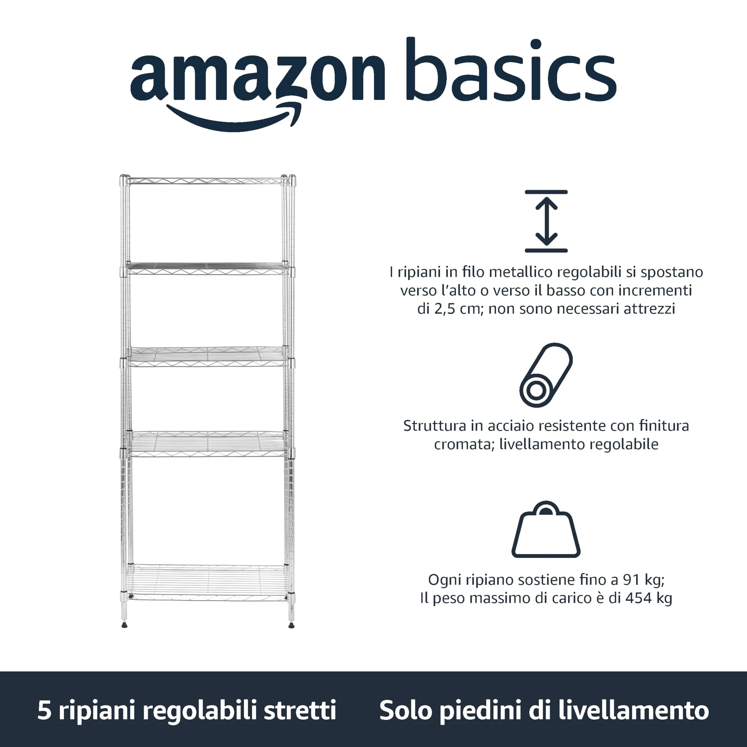 Amazon Basics Scaffaliera a 5 Ripiani Stretti, Cromo, 34 x 58.9 x 152.5 cm - immagine 2
