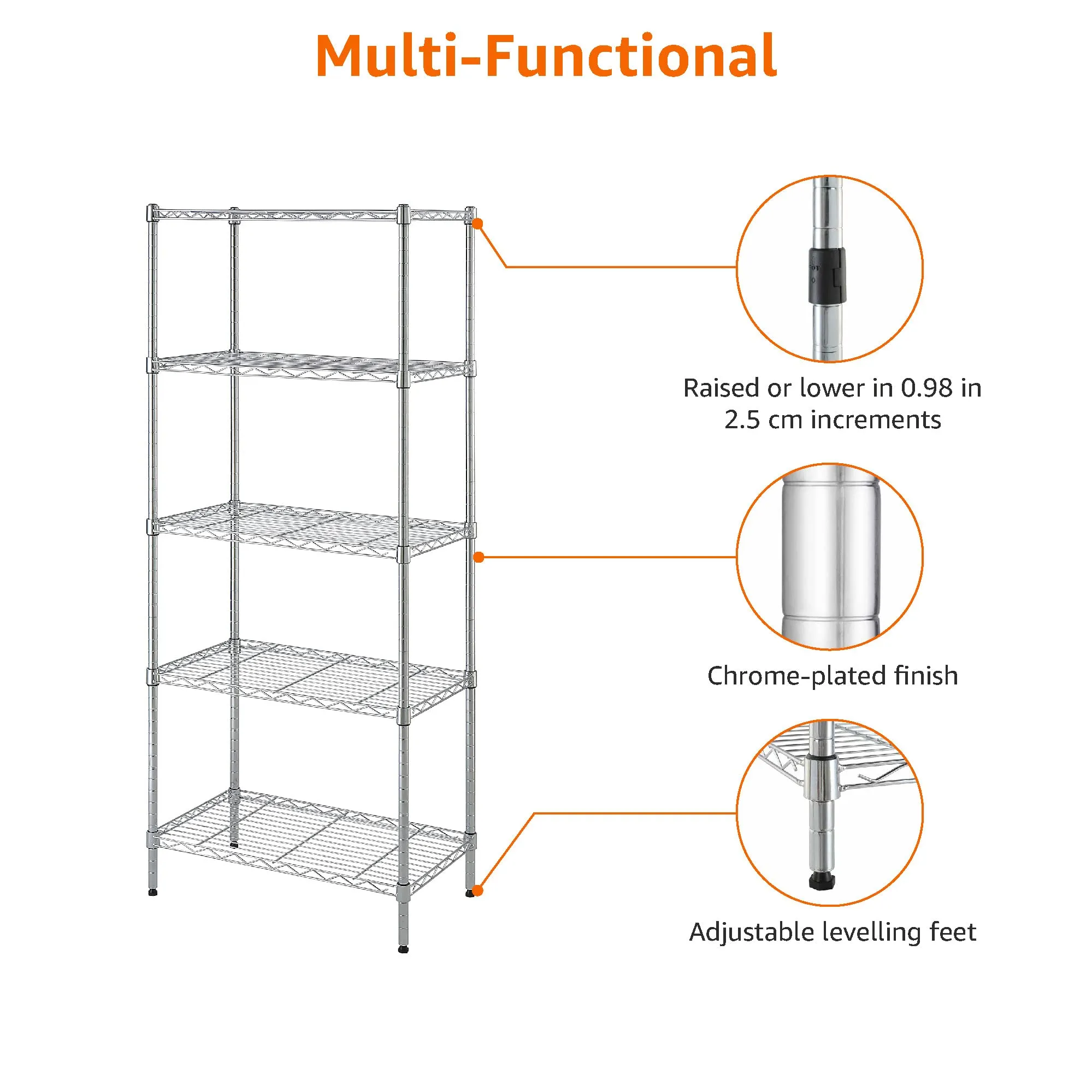 Amazon Basics Scaffaliera a 5 Ripiani Stretti, Cromo, 34 x 58.9 x 152.5 cm - immagine 5