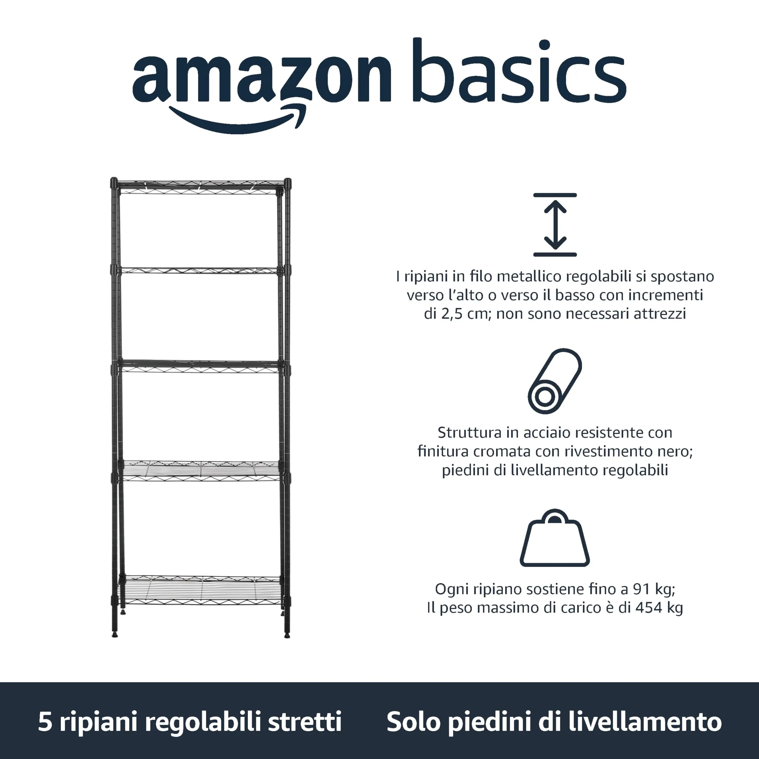 Amazon Basics Scaffaliera a 5 Ripiani Stretti, Nero, 60.1 x 35.6 x 152.4 cm - immagine 3