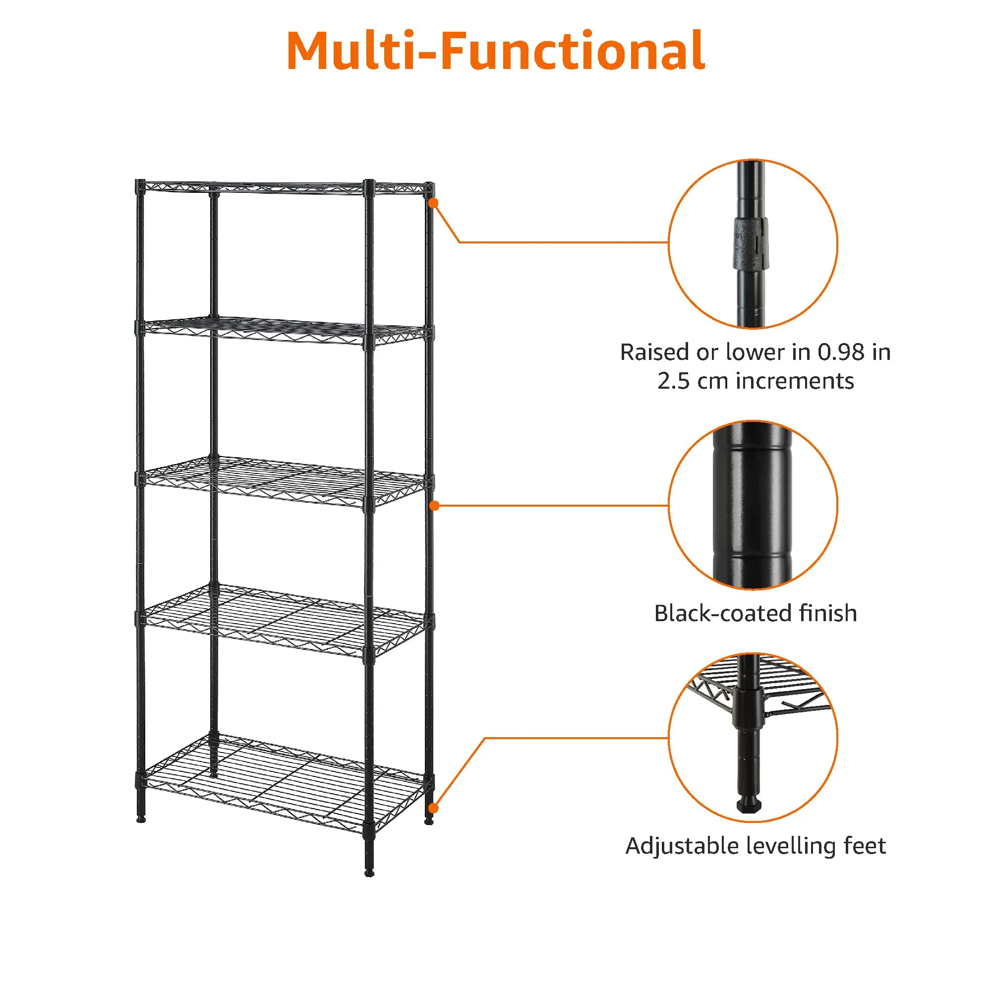Amazon Basics Scaffaliera a 5 Ripiani Stretti, Nero, 60.1 x 35.6 x 152.4 cm - immagine 5