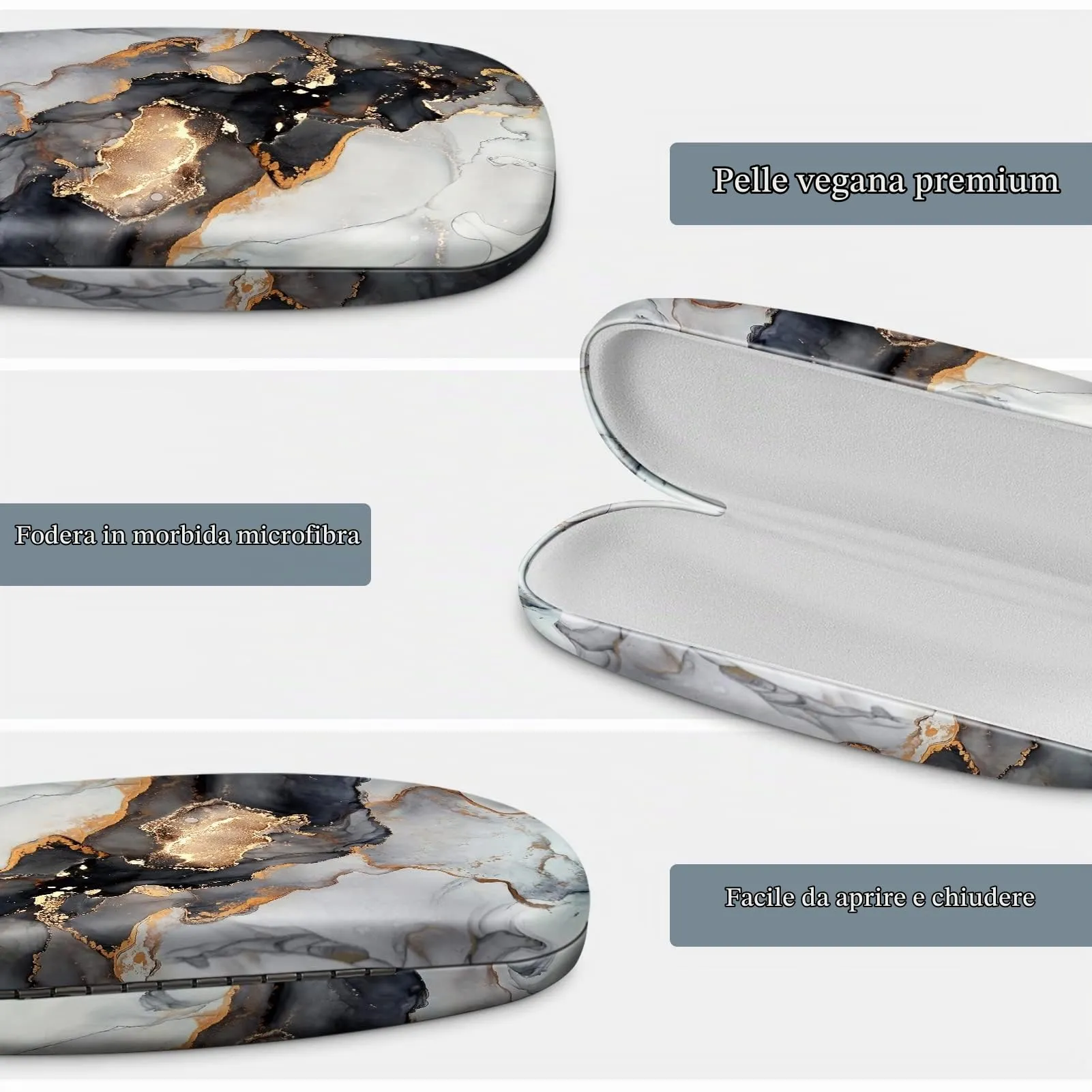 FINTIE Custodia Occhiali Rigida in Ecopelle, Marmo Nero, Dimensione S - immagine 4