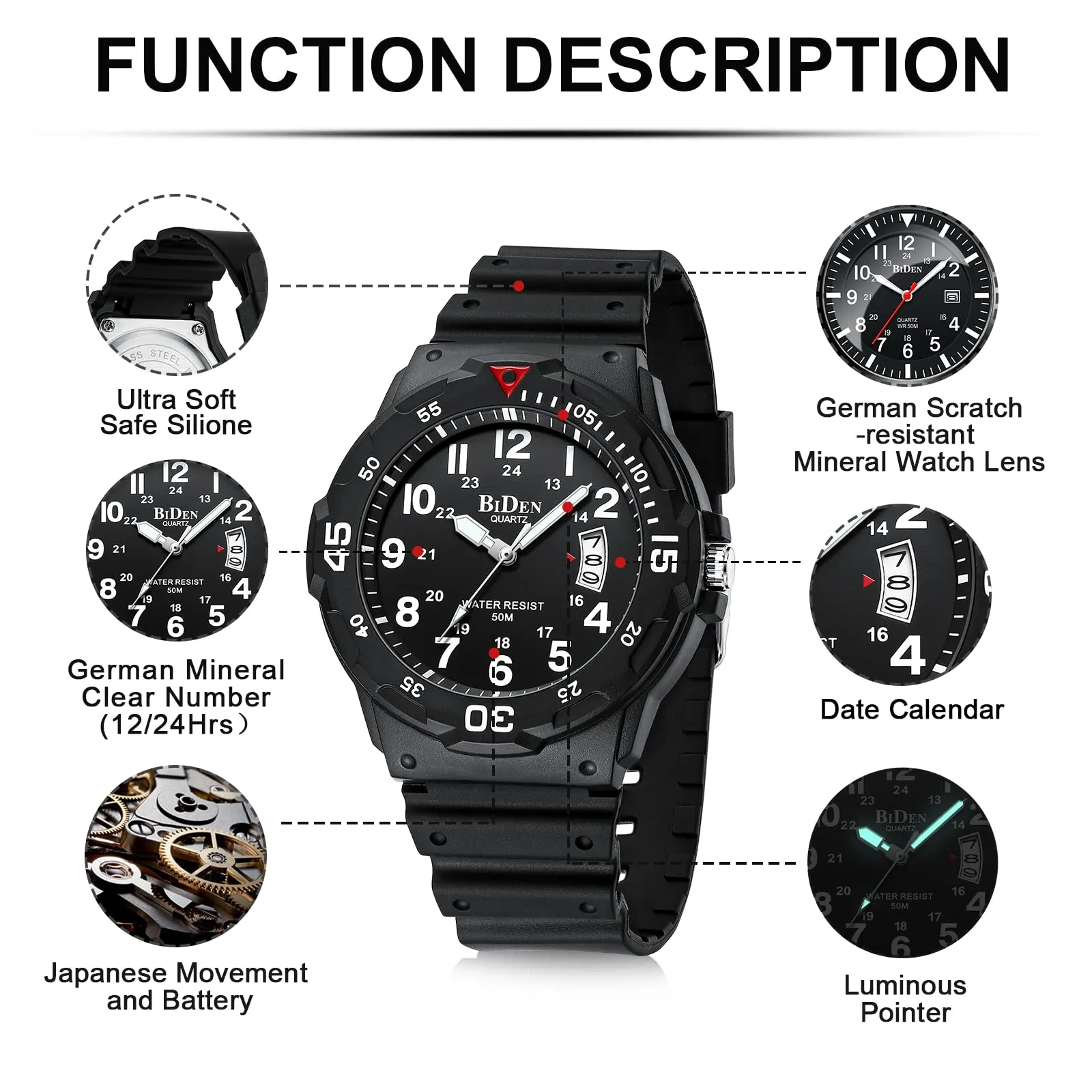 HANPOSH Orologio Uomo Analogico al Quarzo Impermeabile con Data e Quadrante Luminoso R009 - immagine 7