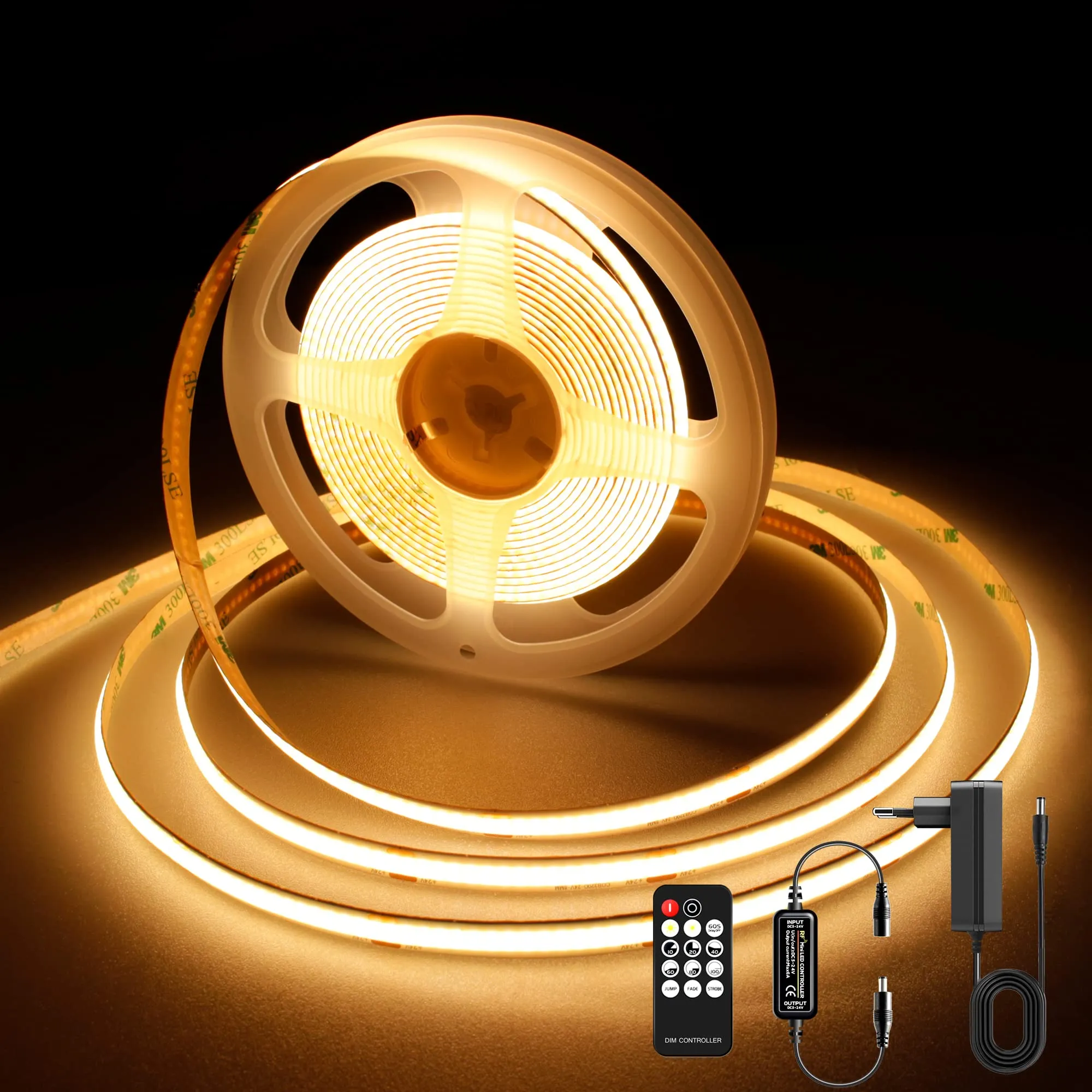 AXMOTUT Striscia LED COB 5m 24V Bianco Caldo 2700K, 320LEDs/m, CRI90+, con Alimentatore e Telecomando RF - immagine 1