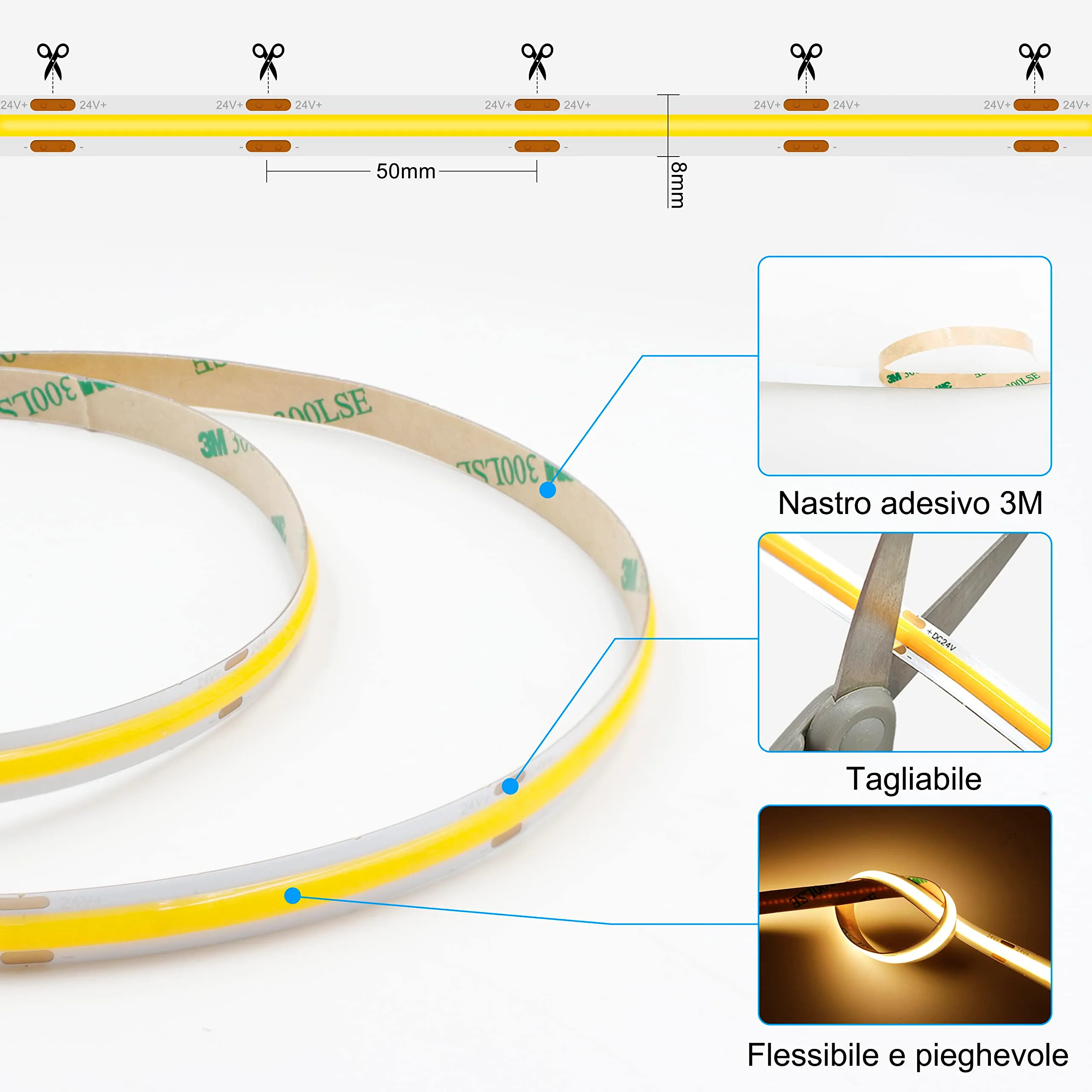 AXMOTUT Striscia LED COB 5m 24V Bianco Caldo 2700K, 320LEDs/m, CRI90+, con Alimentatore e Telecomando RF - immagine 3