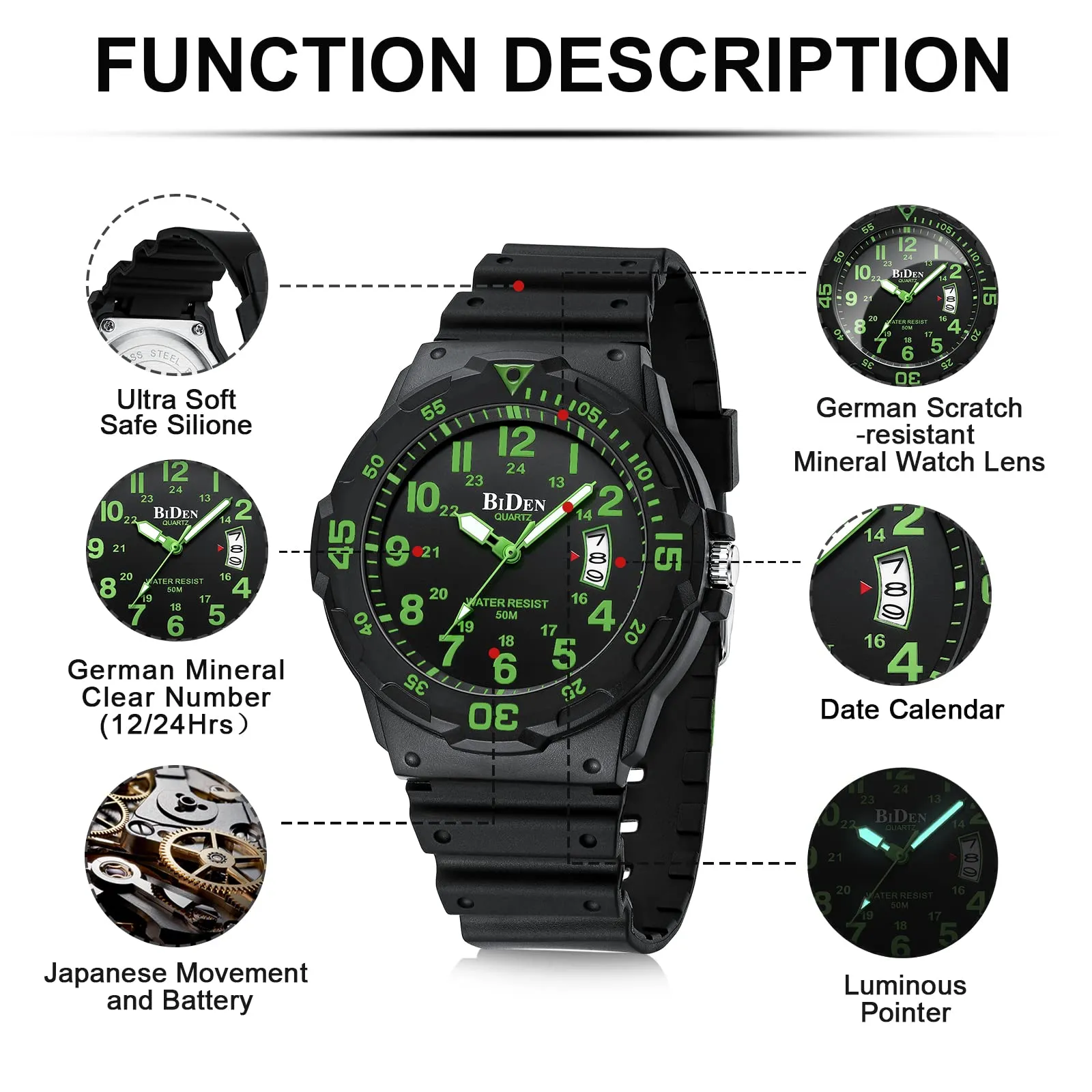 HANPOSH Orologio Uomo Analogico al Quarzo Impermeabile con Data e Luce Notturna R009 - immagine 7