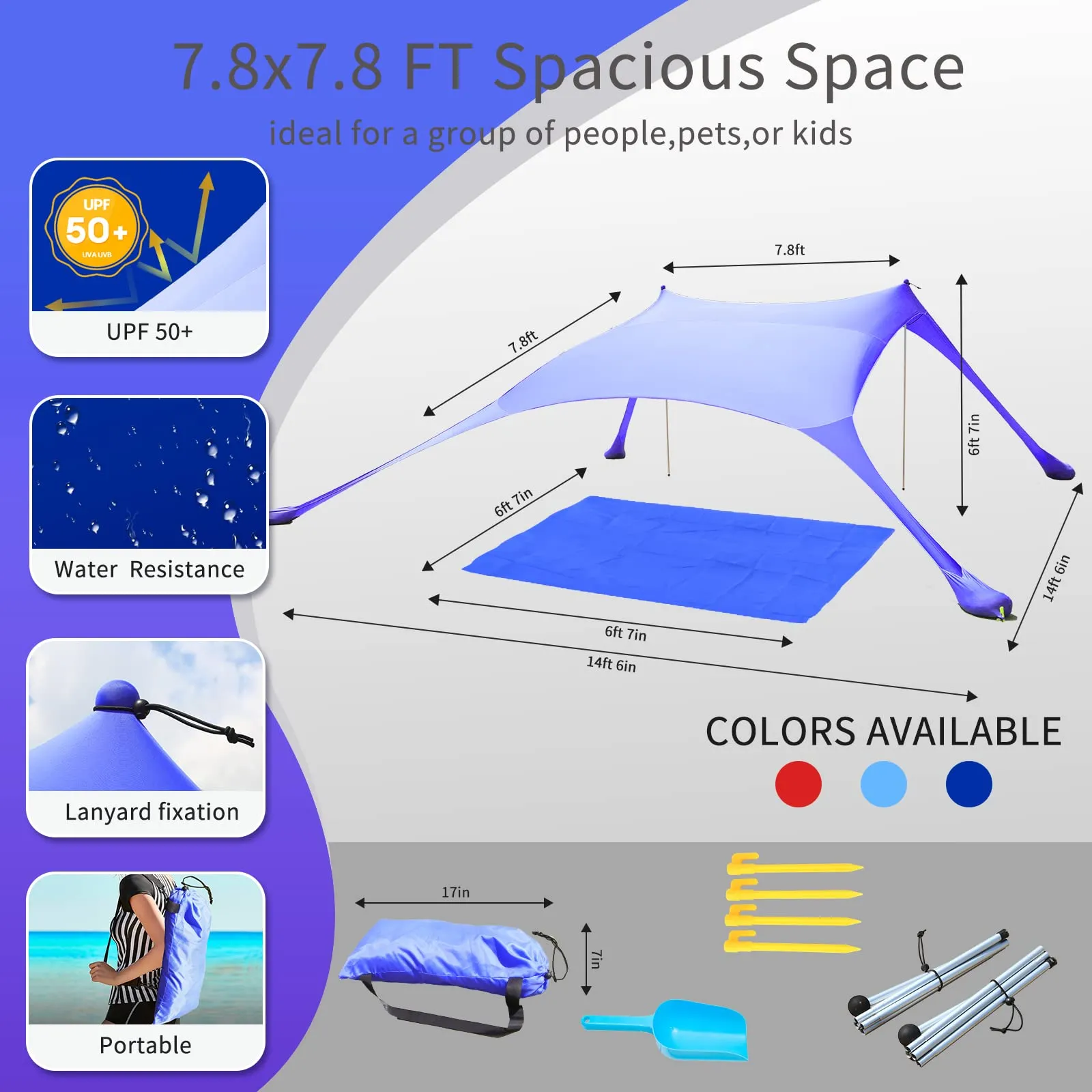 CUUPO Tenda da spiaggia UPF50+, 200x210x200cm, Blu Reale - immagine 6