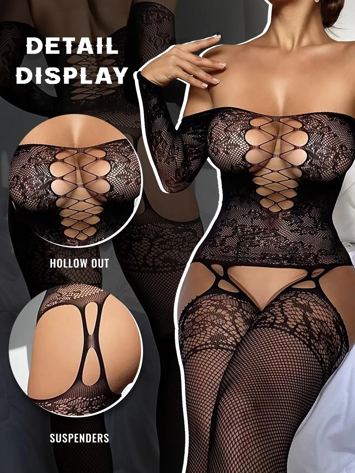 Buitifo Donna Fishnet Bodystocking Pigiama, Nero JC, Taglia Unica - immagine 4