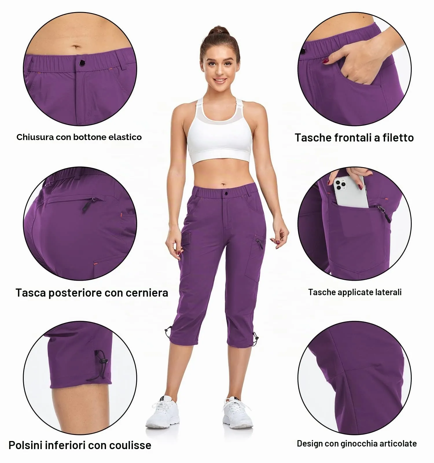 GymBrave Pantaloni Trekking Donna Cargo Capri 3/4 Estivi, Viola, XXL - immagine 4