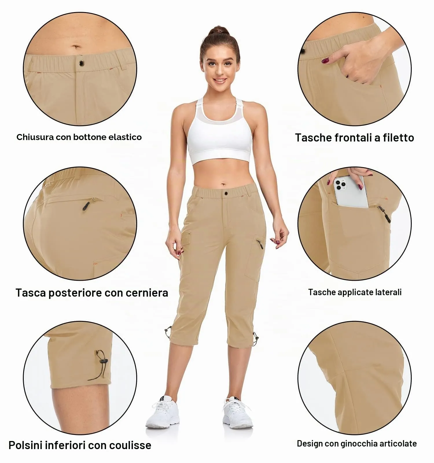 GymBrave Pantaloni Trekking Donna Cargo Capri 3/4 Estivi Leggeri, Kaki, S - immagine 4