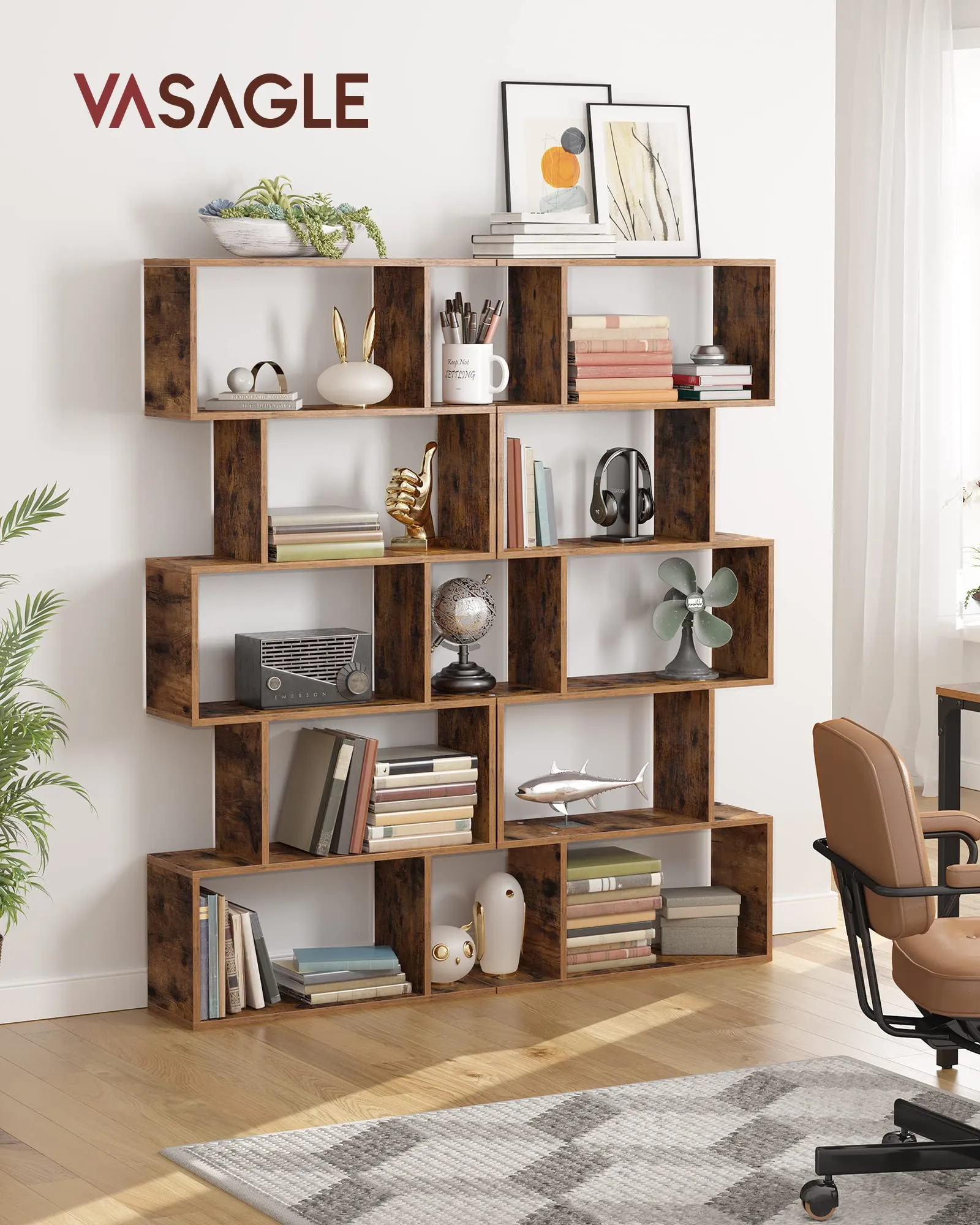 VASAGLE Custos Libreria a 5 Scomparti a Zigzag, Marrone Vintage LBC62BX - immagine 2