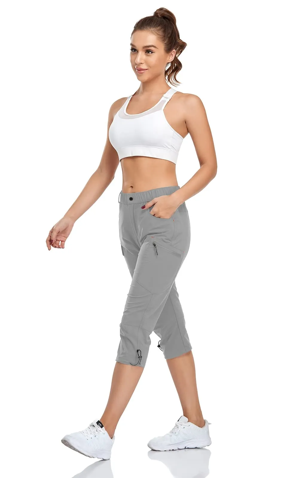 GymBrave Pantaloni Trekking Donna Cargo Capri 3/4 Estivi Leggeri Grigio Chiaro XL - immagine 3