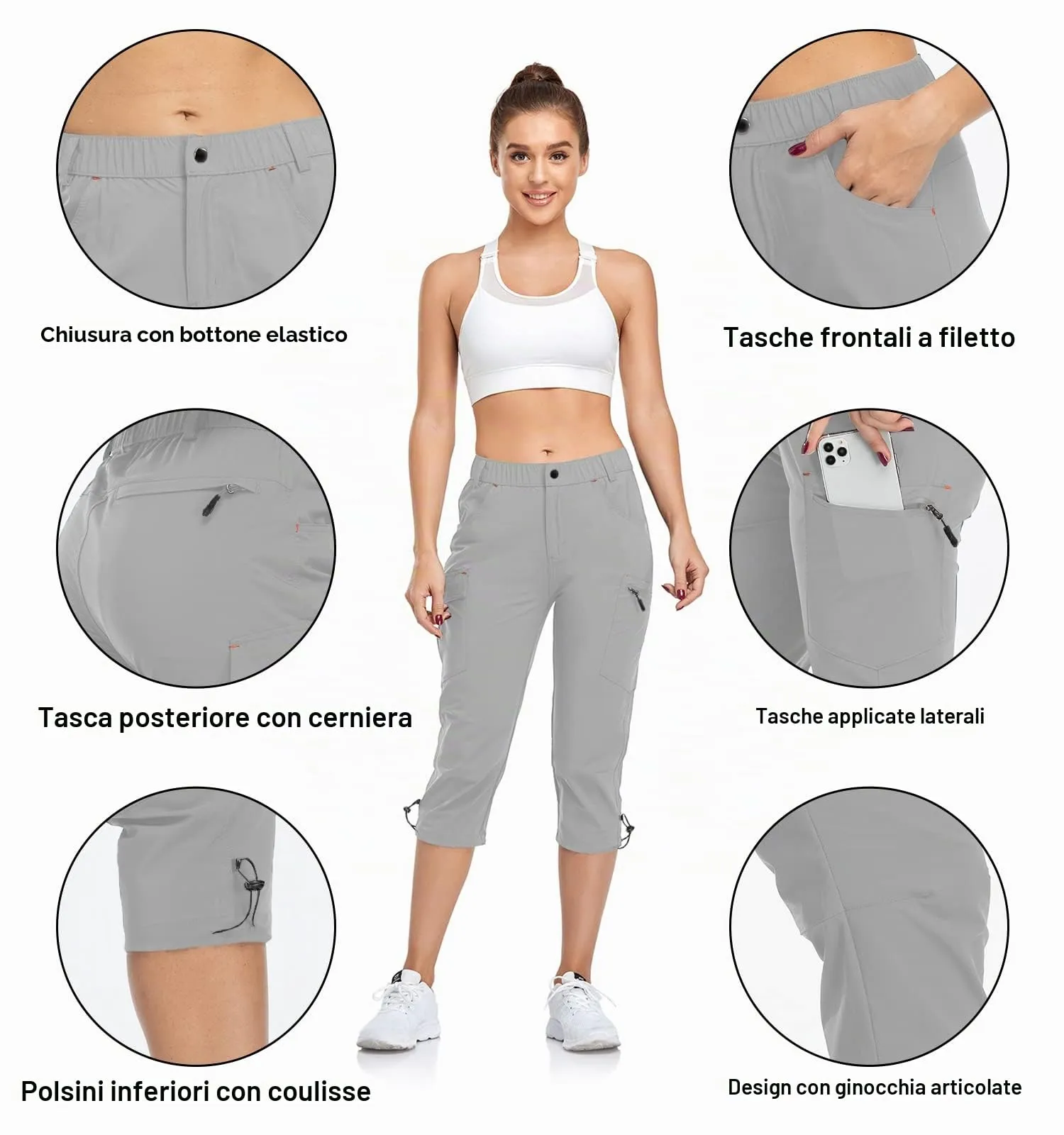 GymBrave Pantaloni Trekking Donna Cargo Capri 3/4 Estivi Leggeri Grigio Chiaro XL - immagine 4
