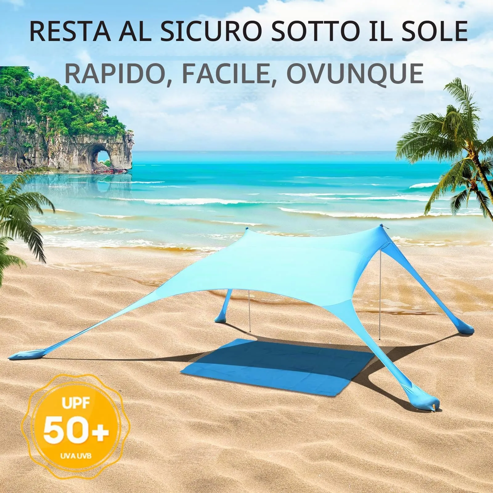 CUUPO Tenda da Spiaggia 2,1 x 2,1 m con Protezione UV UPF50+, Blu - immagine 4