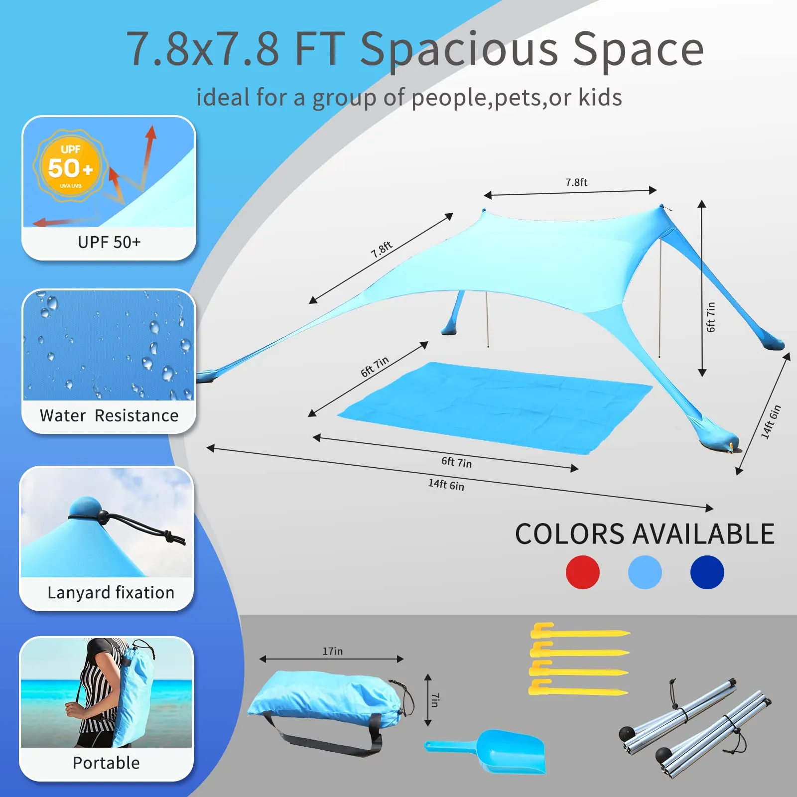 CUUPO Tenda da Spiaggia 2,1 x 2,1 m con Protezione UV UPF50+, Blu - immagine 6