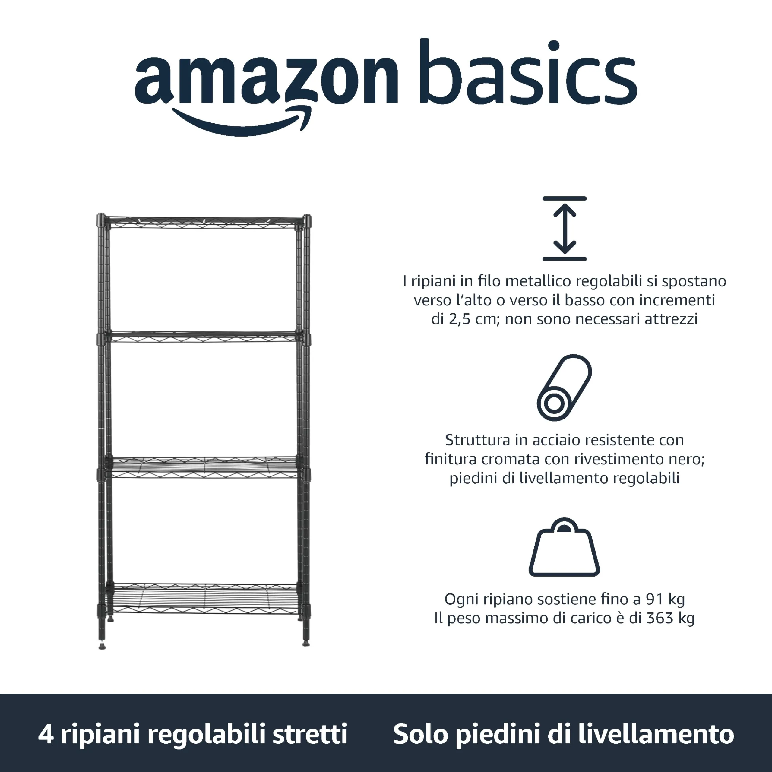 Amazon Basics Scaffaliera a 4 ripiani, Nero, 34 x 59 x 122 cm - immagine 3