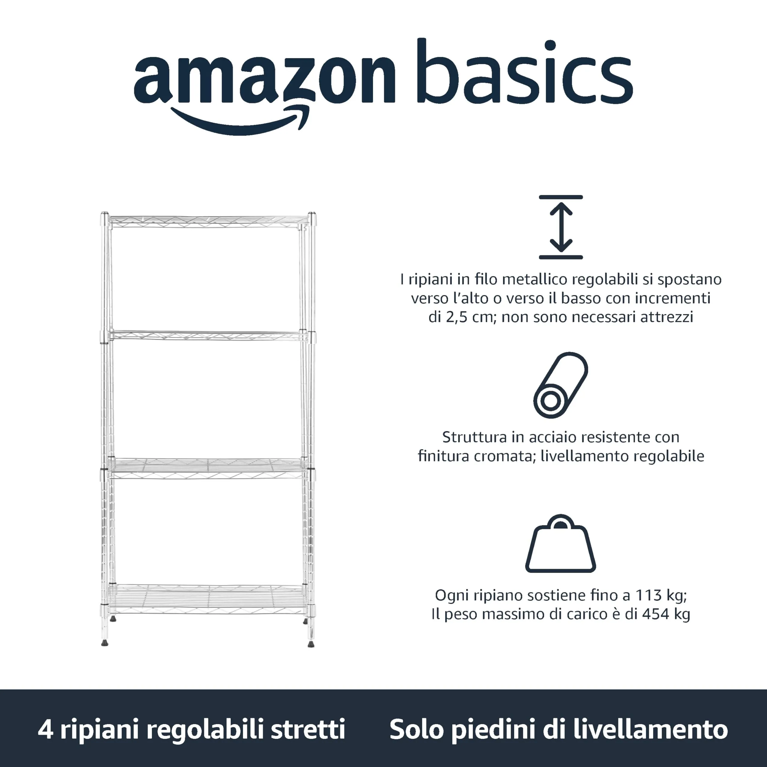 Amazon Basics Scaffaliera a 4 ripiani, Cromo, 34 x 59 x 122 cm - immagine 2