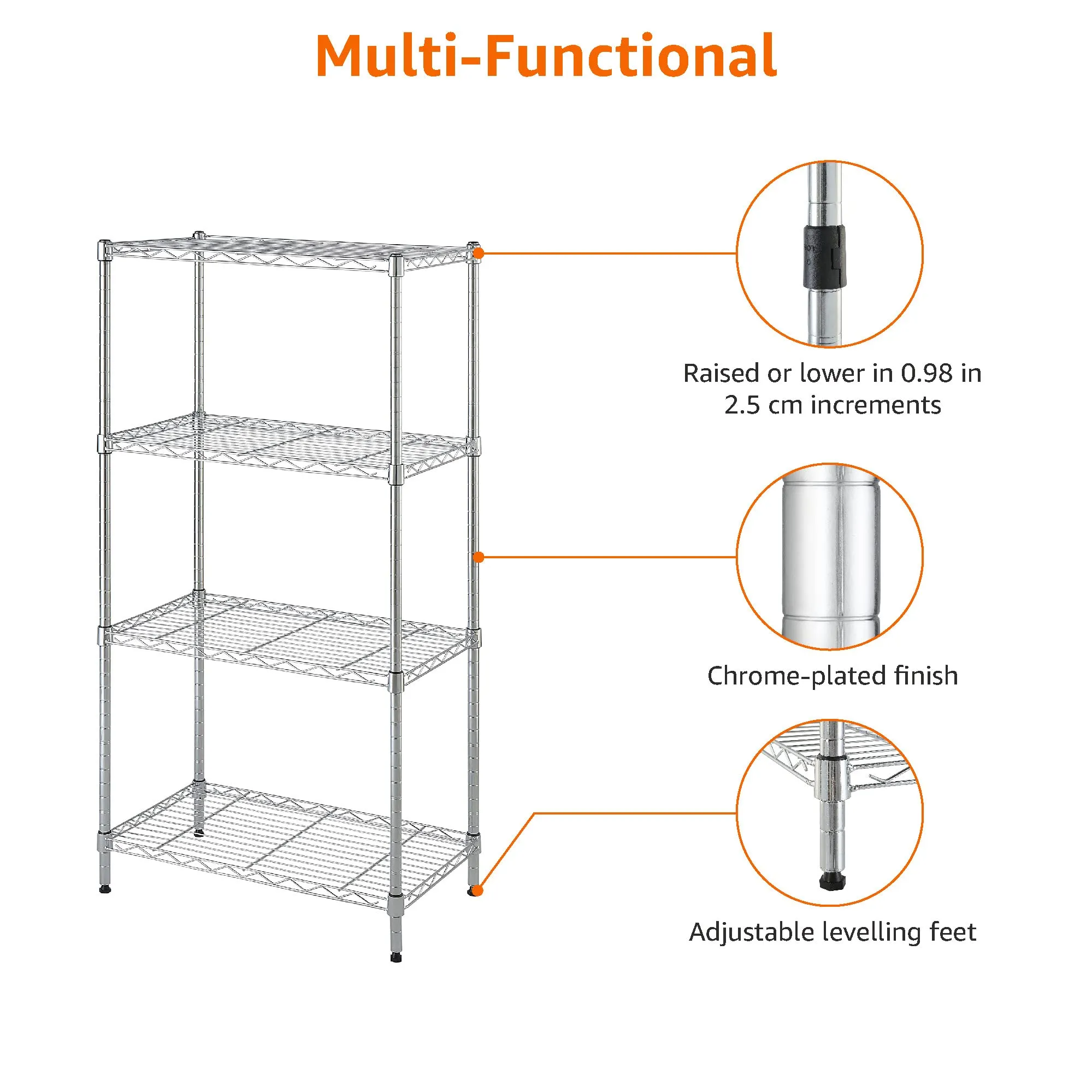 Amazon Basics Scaffaliera a 4 ripiani, Cromo, 34 x 59 x 122 cm - immagine 5
