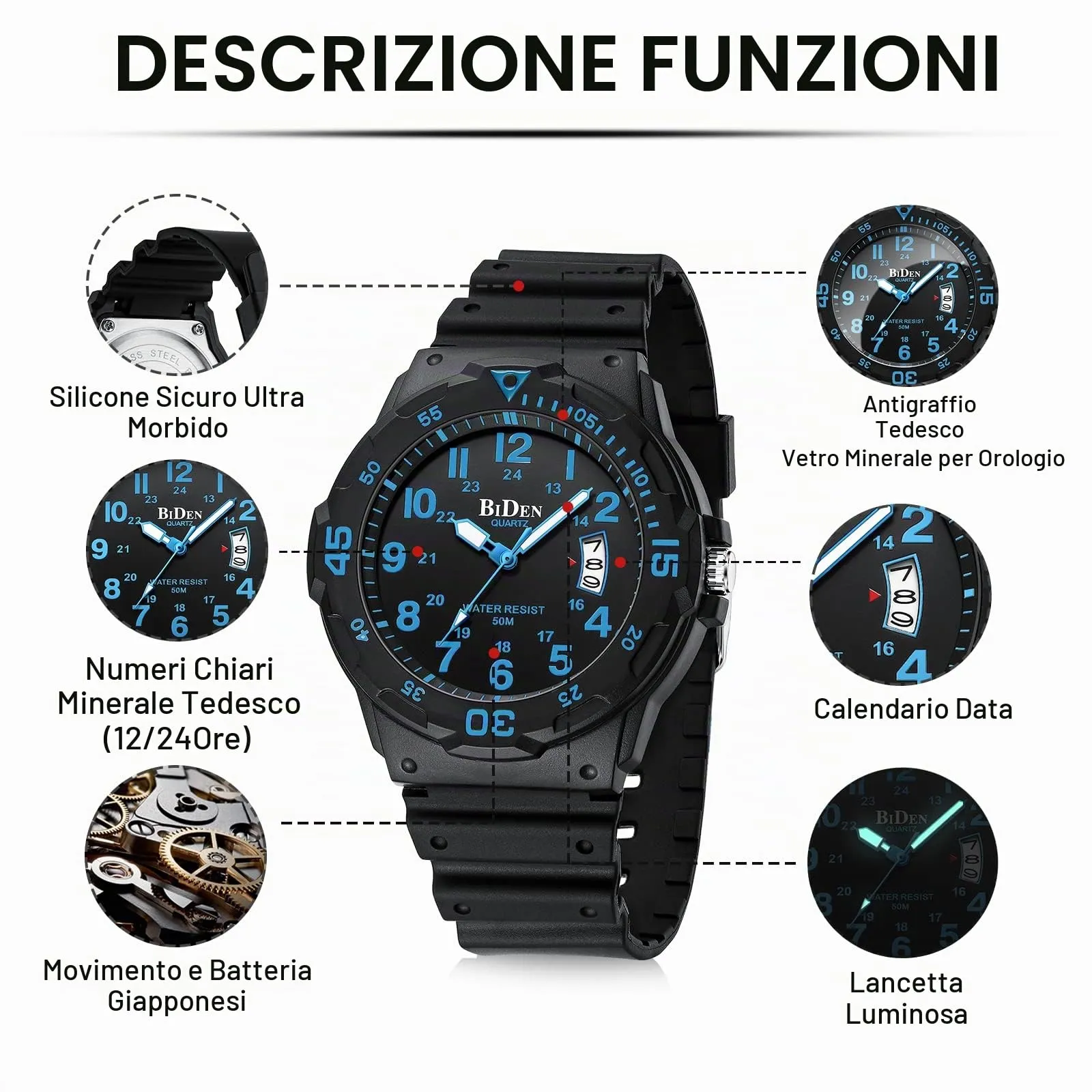 HANPOSH Orologio Uomo Analogico Quarzo Impermeabile con Data Luminosa R009 - immagine 7