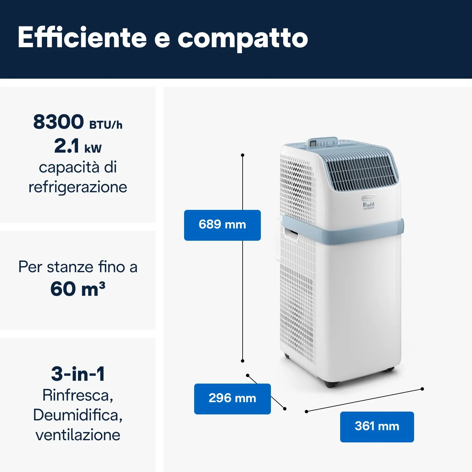 De'Longhi Pinguino Compact ES72 YOUNG Condizionatore Portatile 8.300 BTU/h, 2.1 kW, Bianco - immagine 3