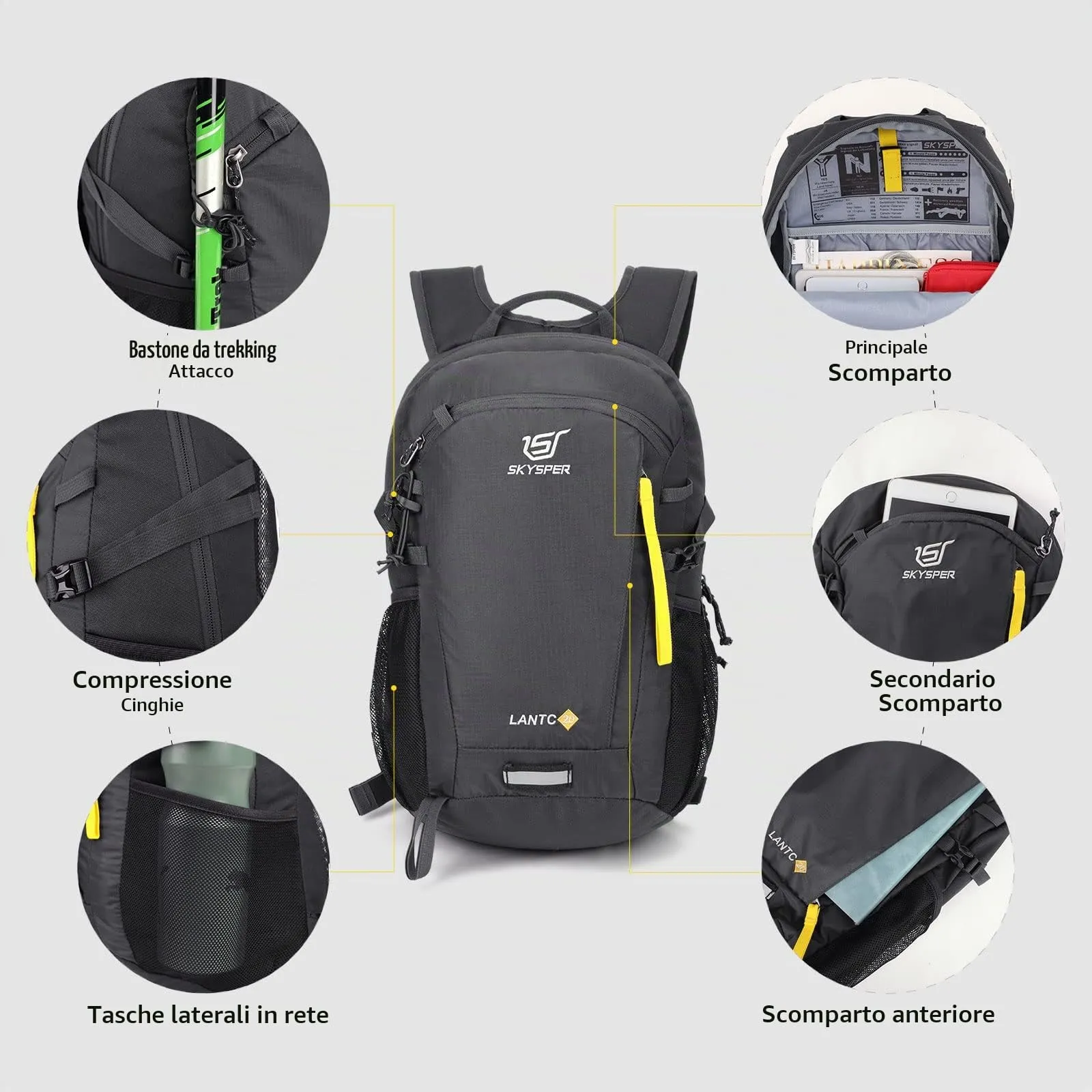 SKYSPER Zaino da Hiking 20L Scozzese Grigio Scuro - immagine 5