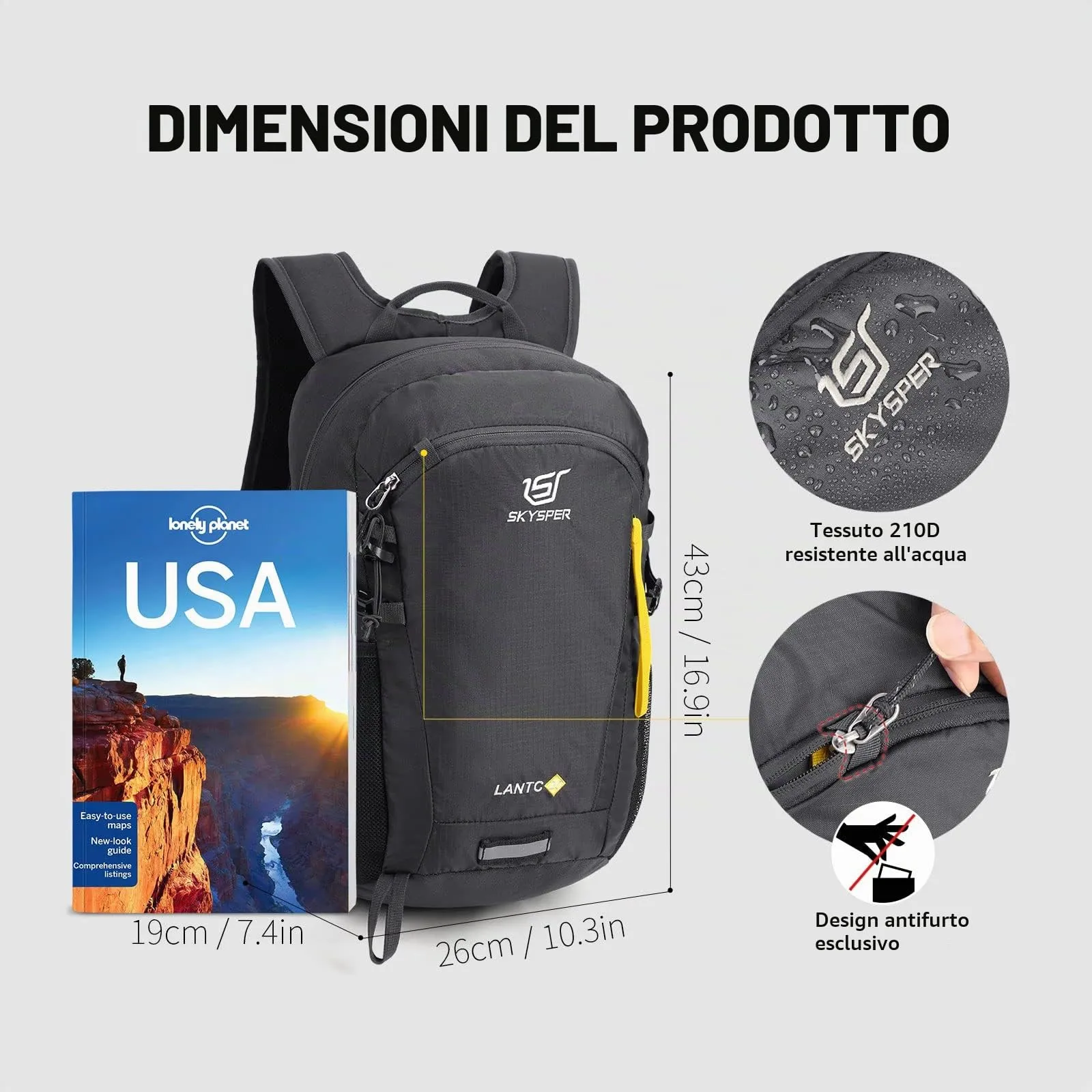 SKYSPER Zaino da Hiking 20L Scozzese Grigio Scuro - immagine 6