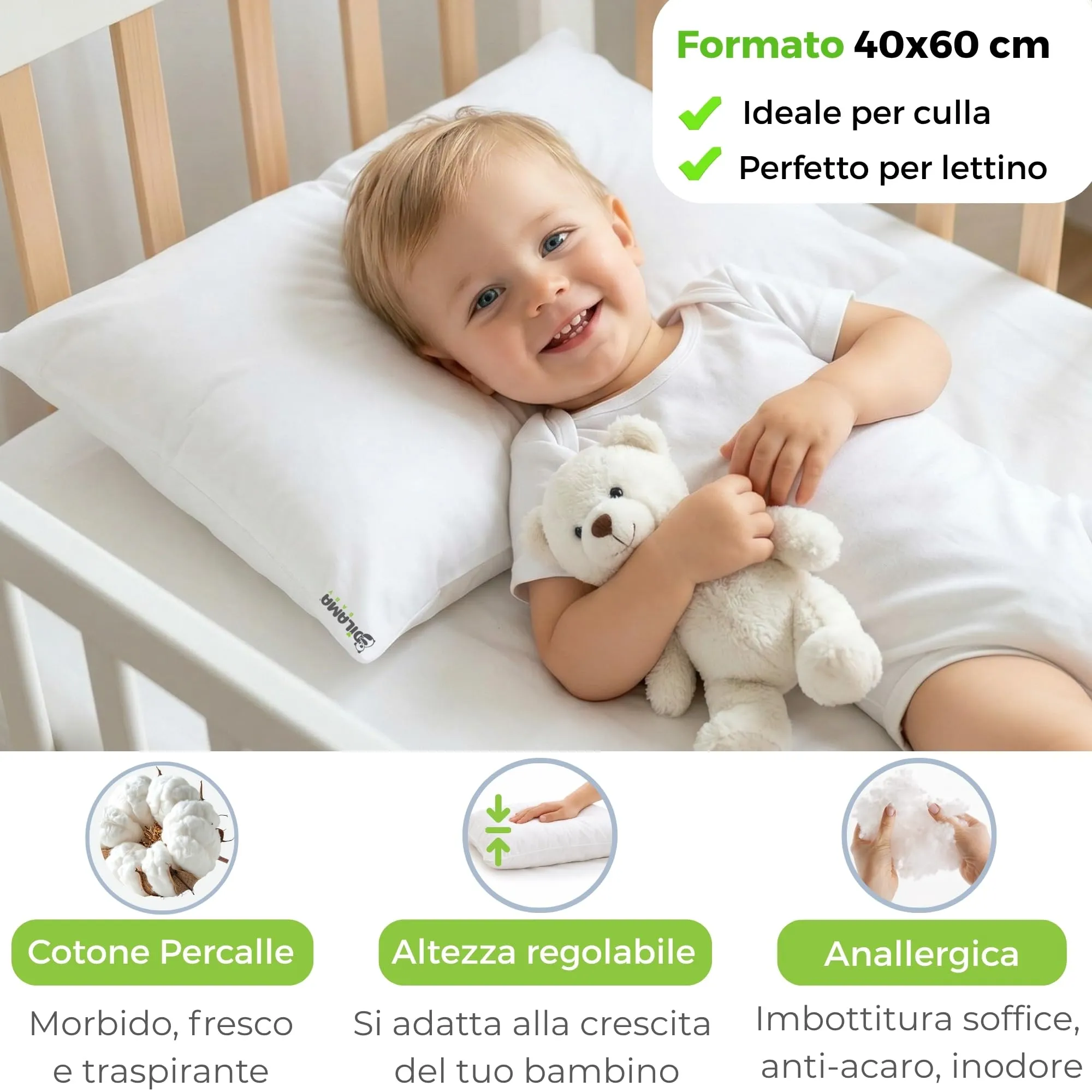 Dilamababy Cuscino Lettino Bambino 40x60 Altezza Regolabile - immagine 2