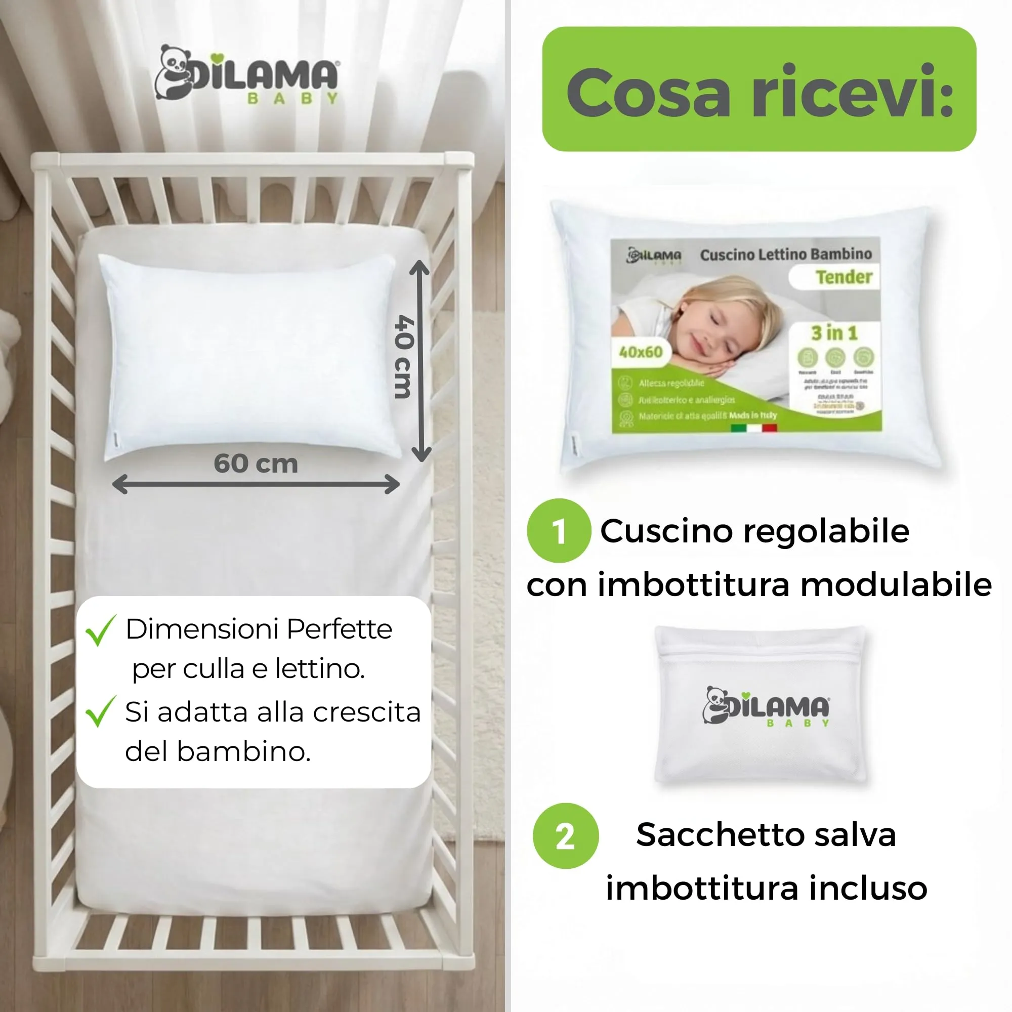 Dilamababy Cuscino Lettino Bambino 40x60 Altezza Regolabile - immagine 7