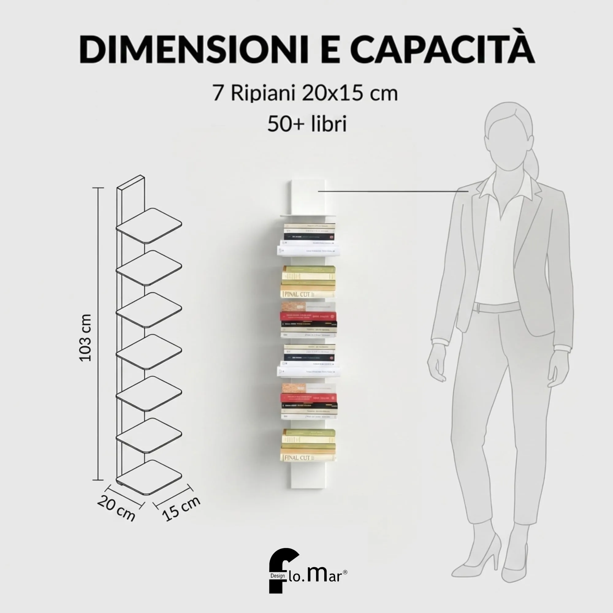 Flo.mar Libreria da Parete con 7 Ripiani, 103 cm, Bianca - immagine 2