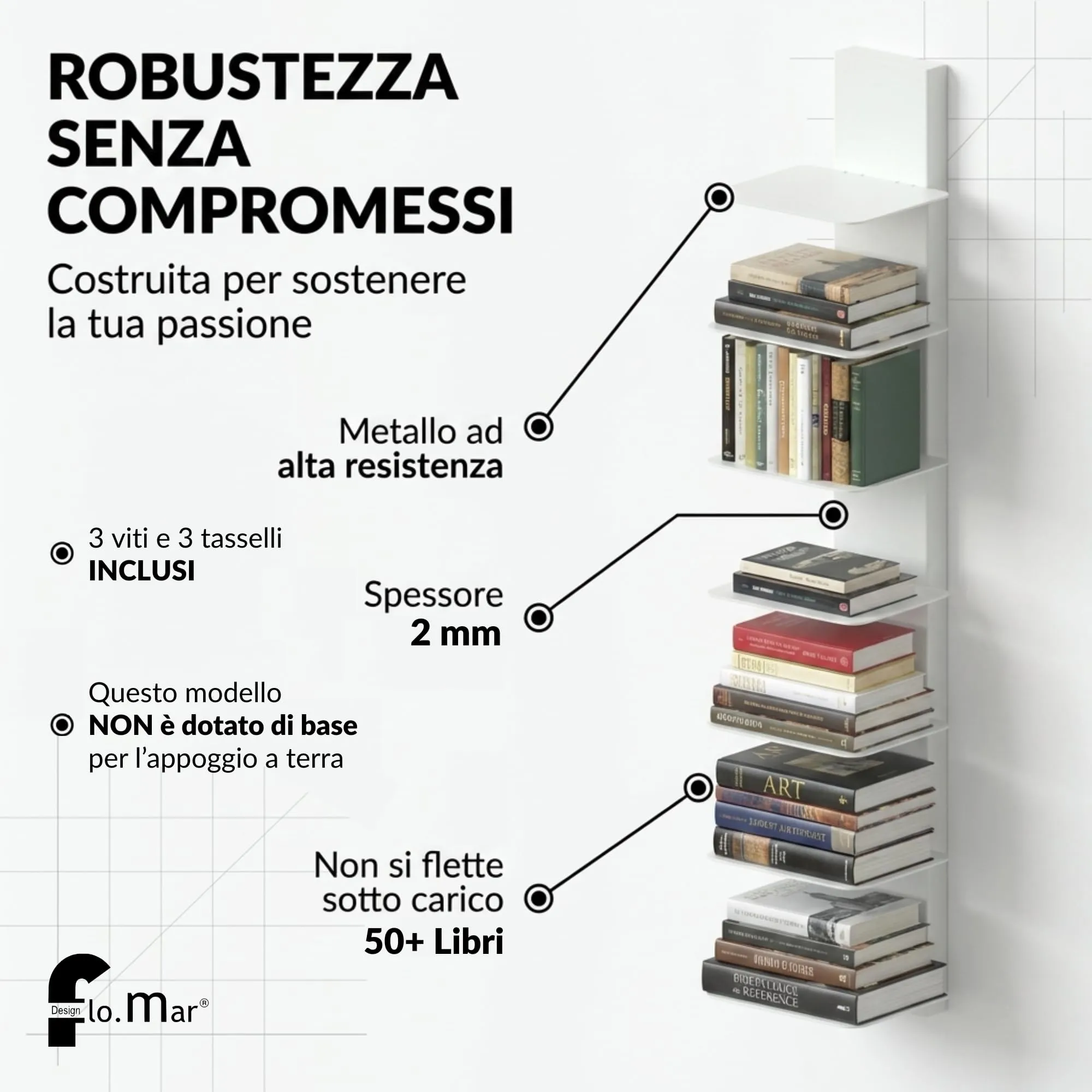 Flo.mar Libreria da Parete con 7 Ripiani, 103 cm, Bianca - immagine 3