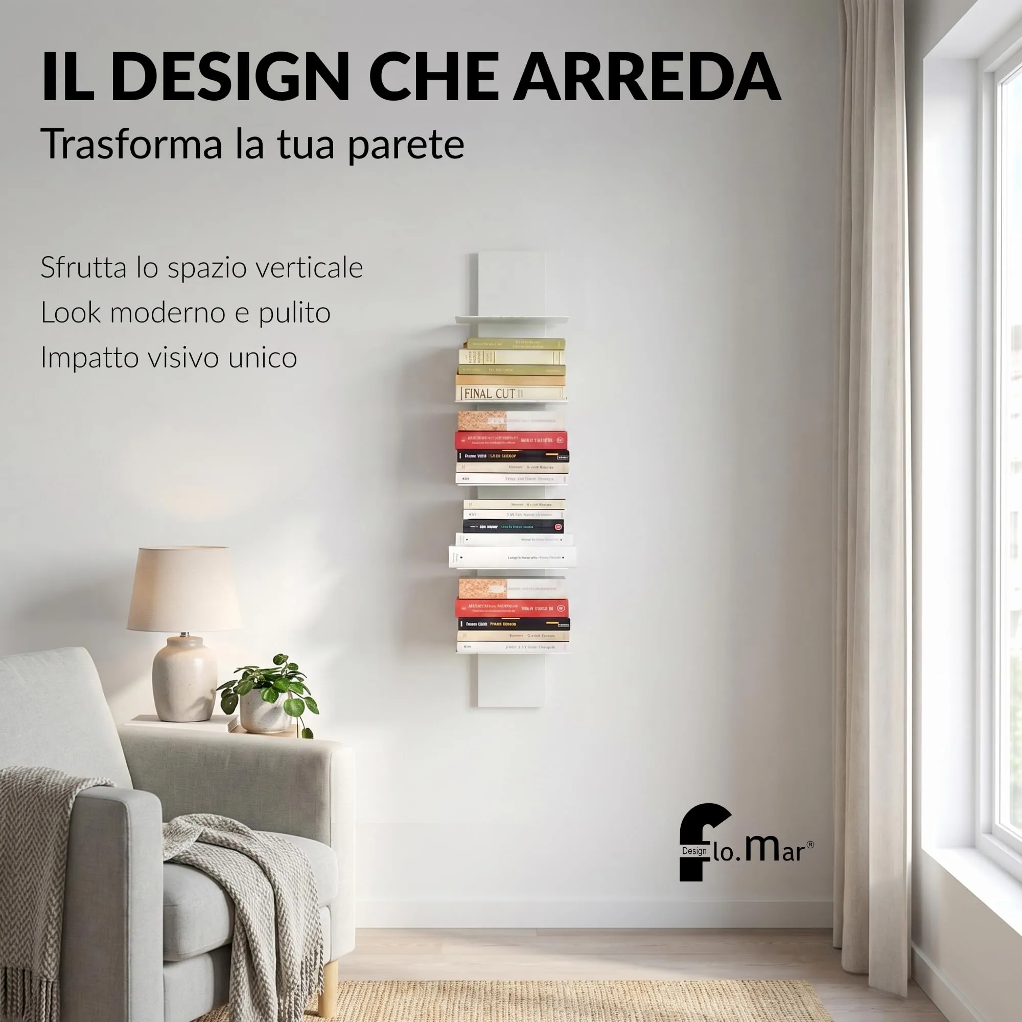 Flo.mar Libreria da Parete con 7 Ripiani, 103 cm, Bianca - immagine 4