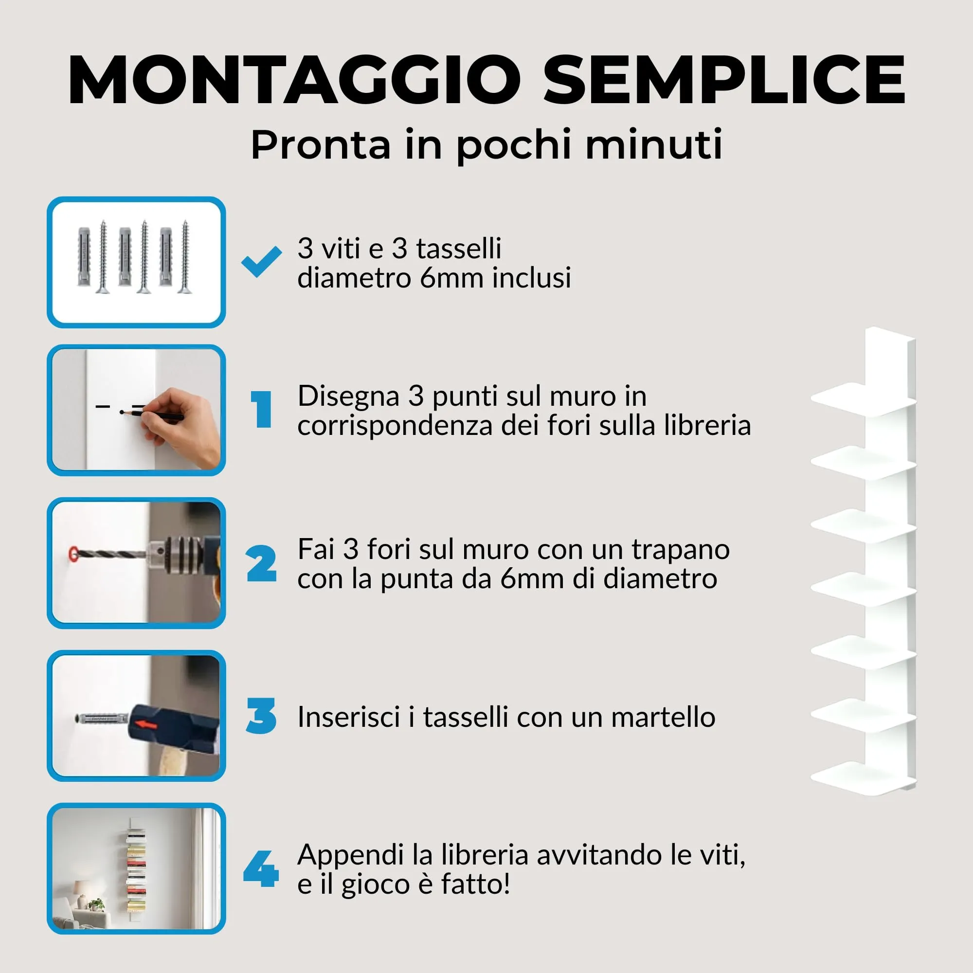 Flo.mar Libreria da Parete con 7 Ripiani, 103 cm, Bianca - immagine 5