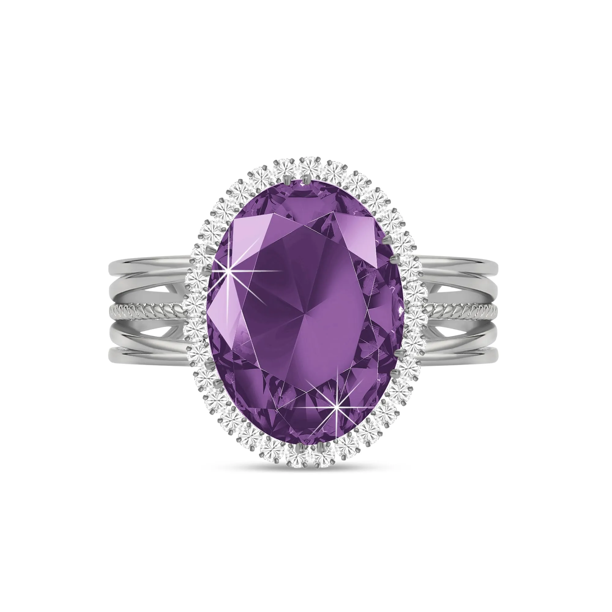 Linawe Anello da donna regolabile in argento con ametista viola e finto diamante ovale, 25 carati, 21.5 grammi - immagine 1