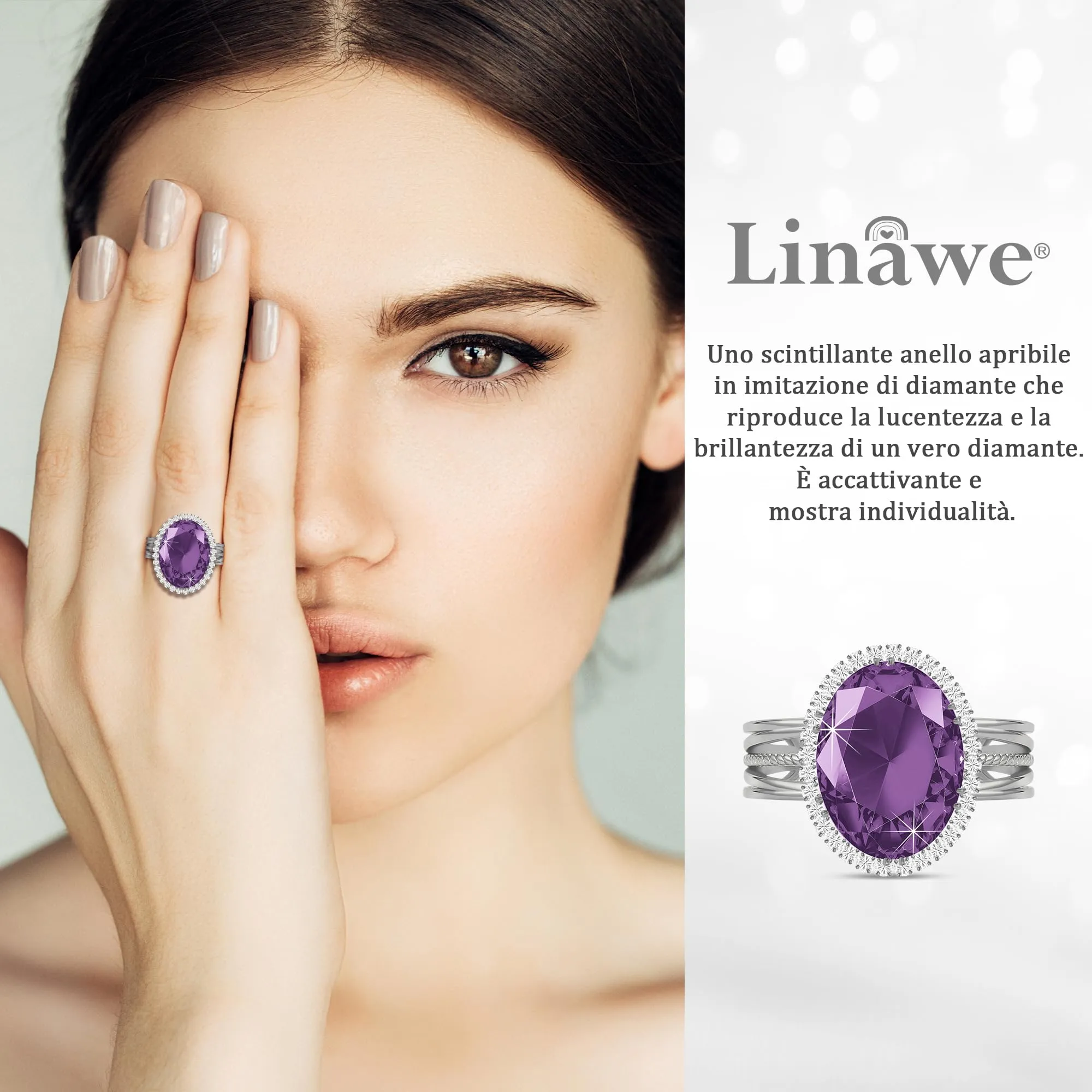 Linawe Anello da donna regolabile in argento con ametista viola e finto diamante ovale, 25 carati, 21.5 grammi - immagine 2