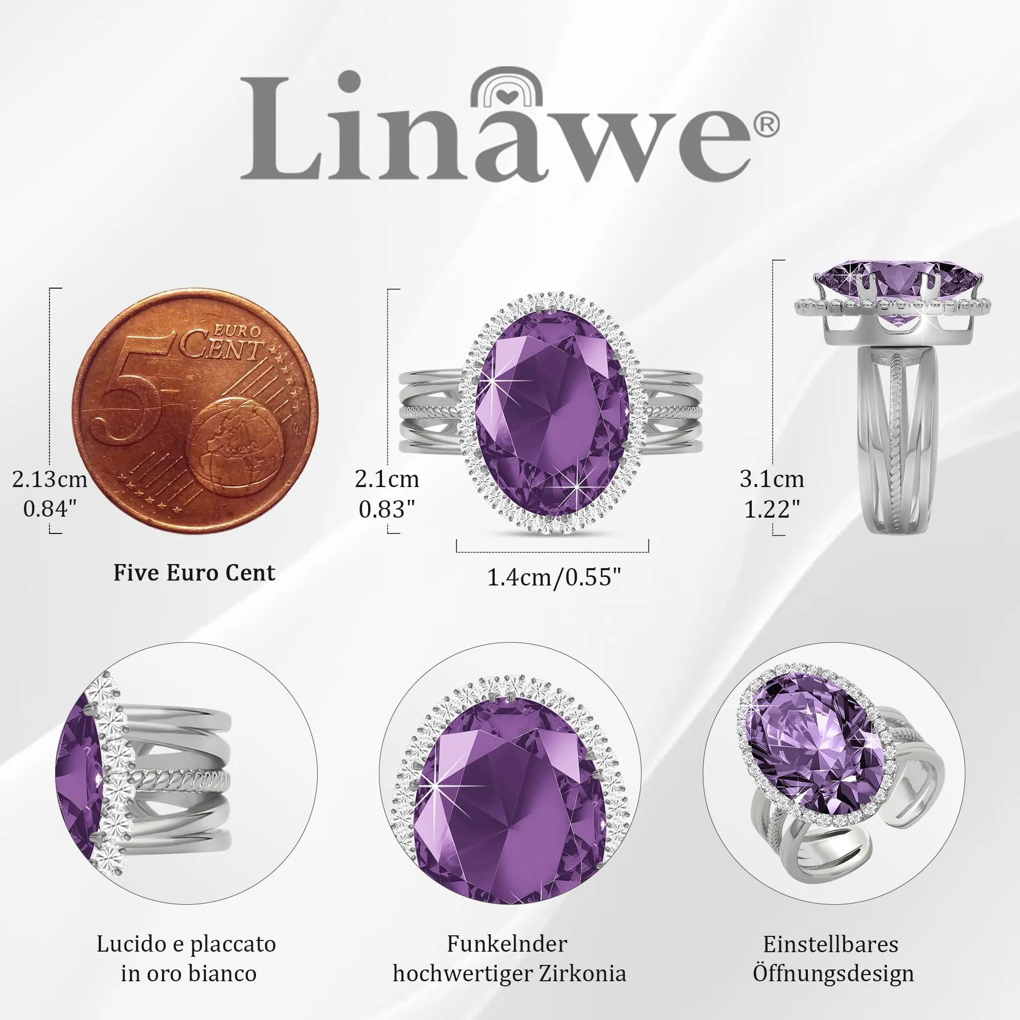 Linawe Anello da donna regolabile in argento con ametista viola e finto diamante ovale, 25 carati, 21.5 grammi - immagine 4