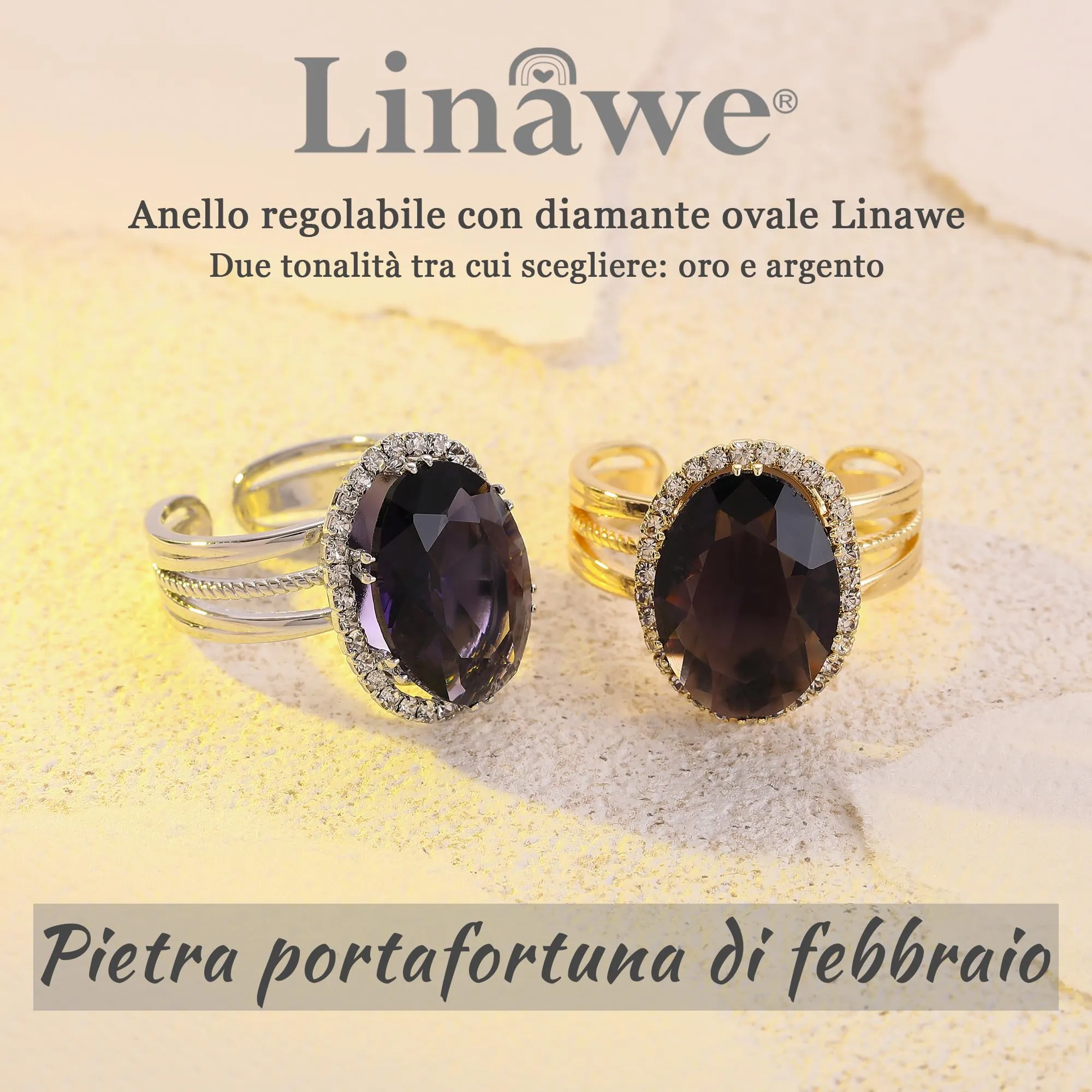 Linawe Anello da donna regolabile in argento con ametista viola e finto diamante ovale, 25 carati, 21.5 grammi - immagine 5