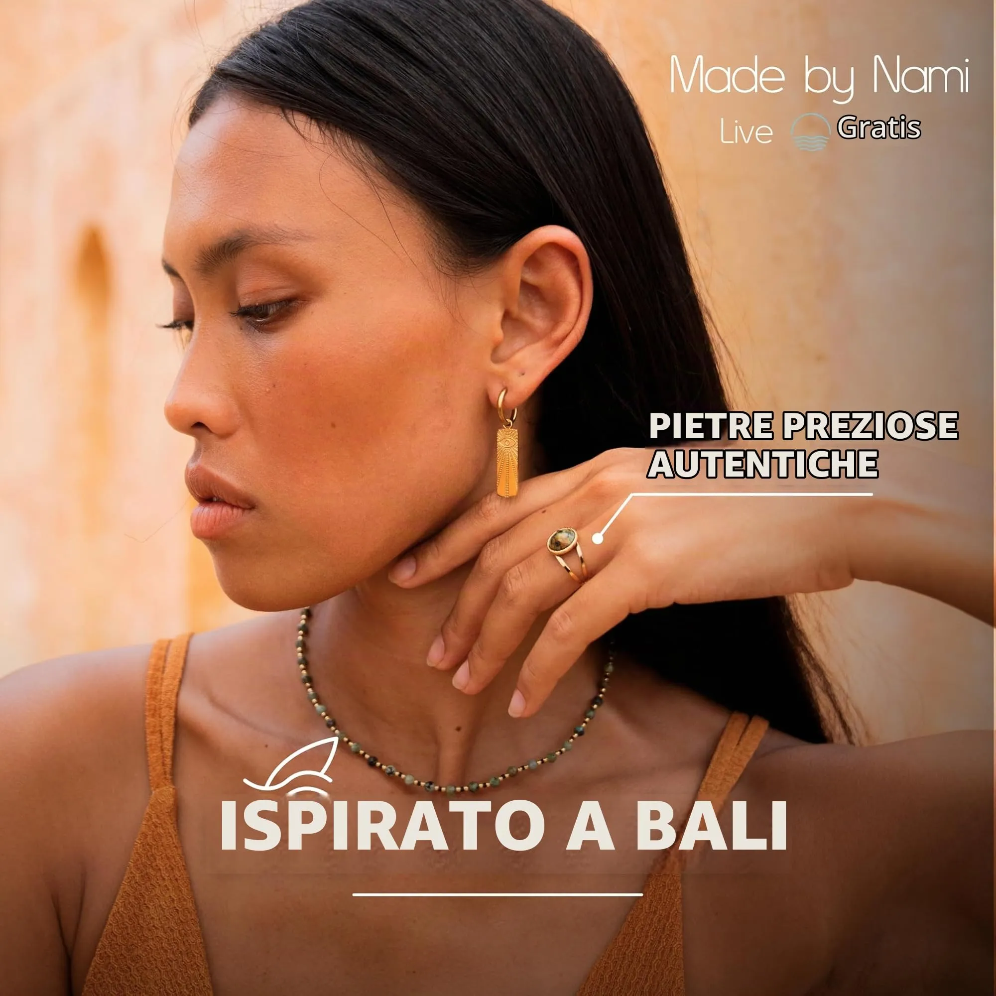 Made by Nami Anello Donna Regolabile in Acciaio Chirurgico Oro con Pietra Naturale Boho - immagine 3