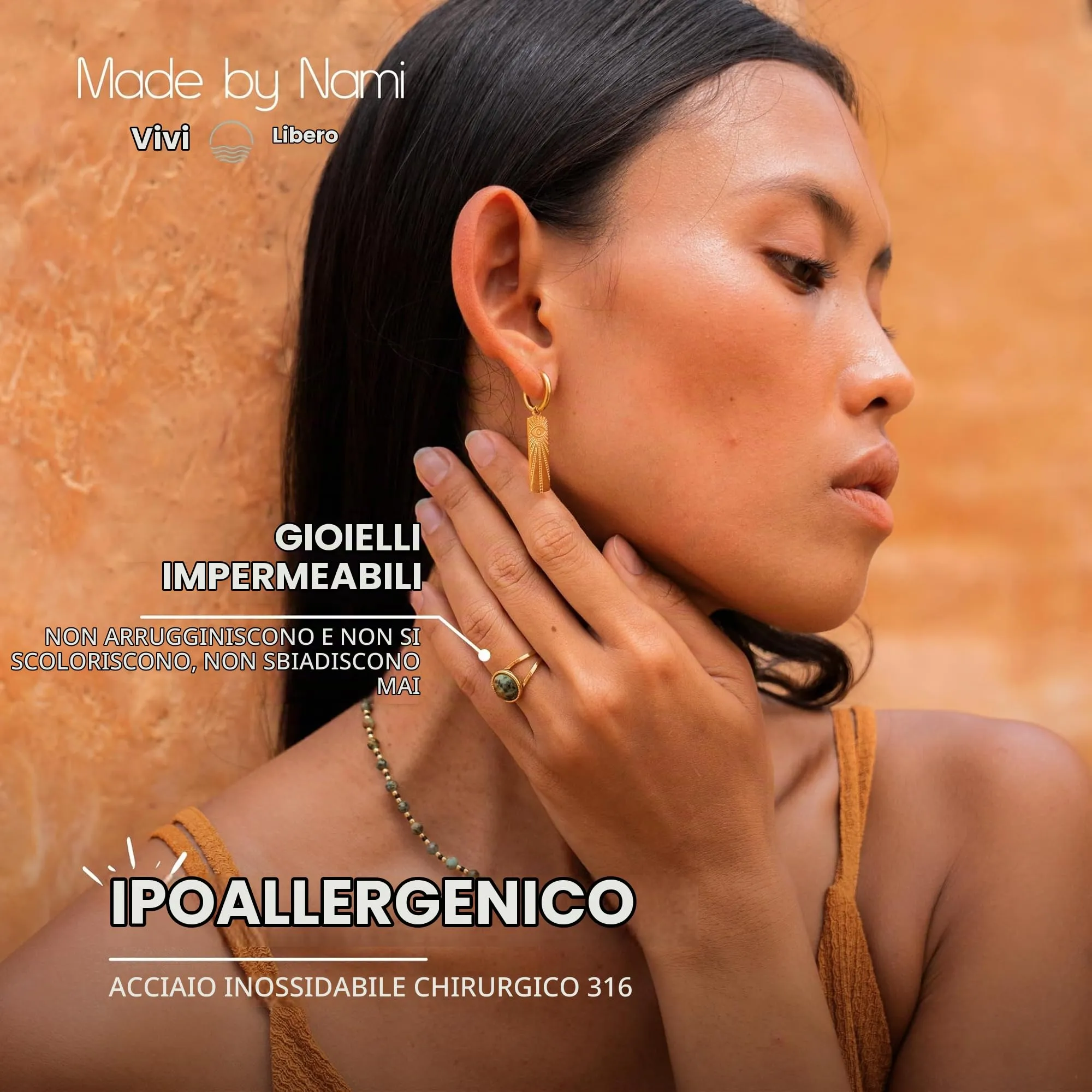 Made by Nami Anello Donna Regolabile in Acciaio Chirurgico Oro con Pietra Naturale Boho - immagine 4