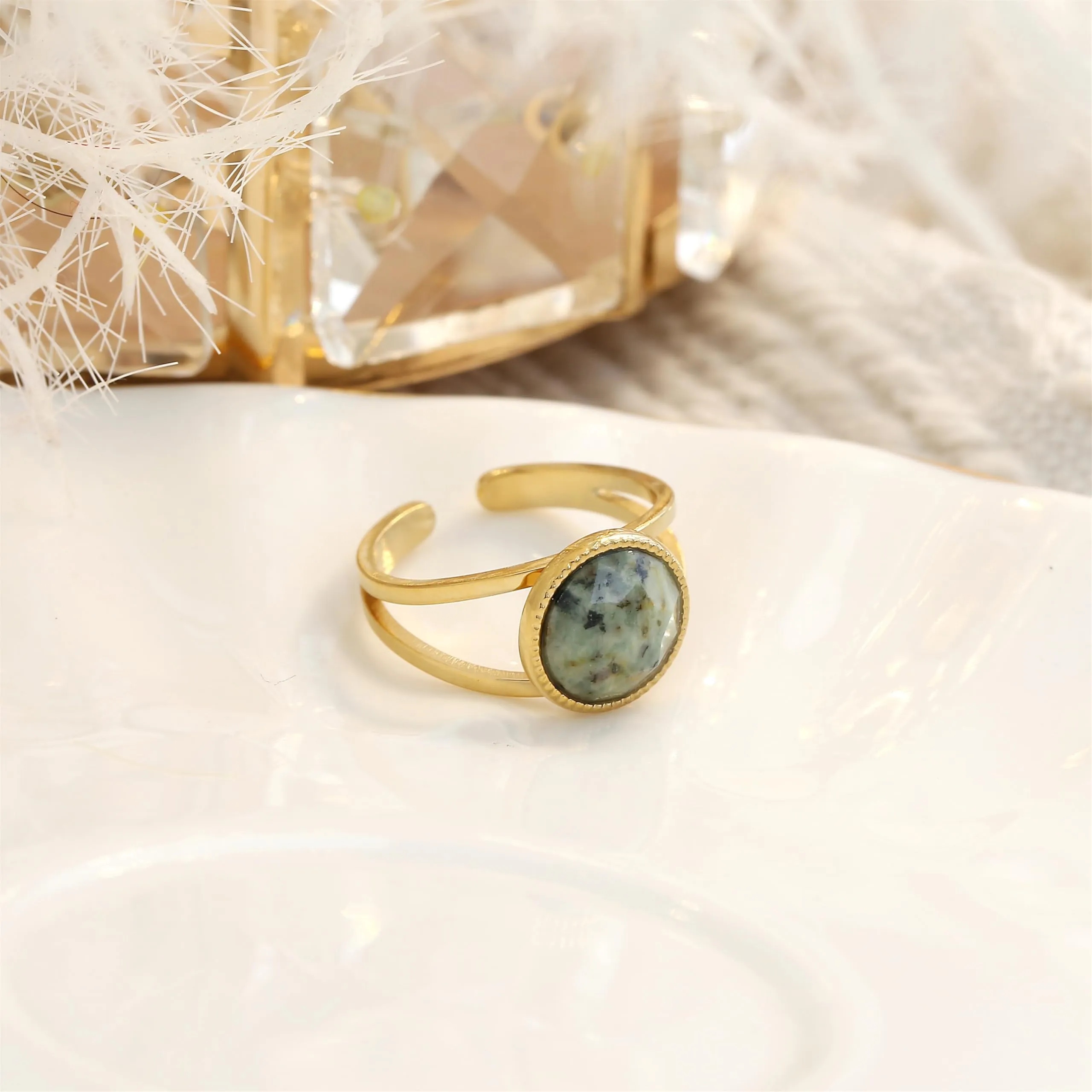 Made by Nami Anello Donna Regolabile in Acciaio Chirurgico Oro con Pietra Naturale Boho - immagine 7