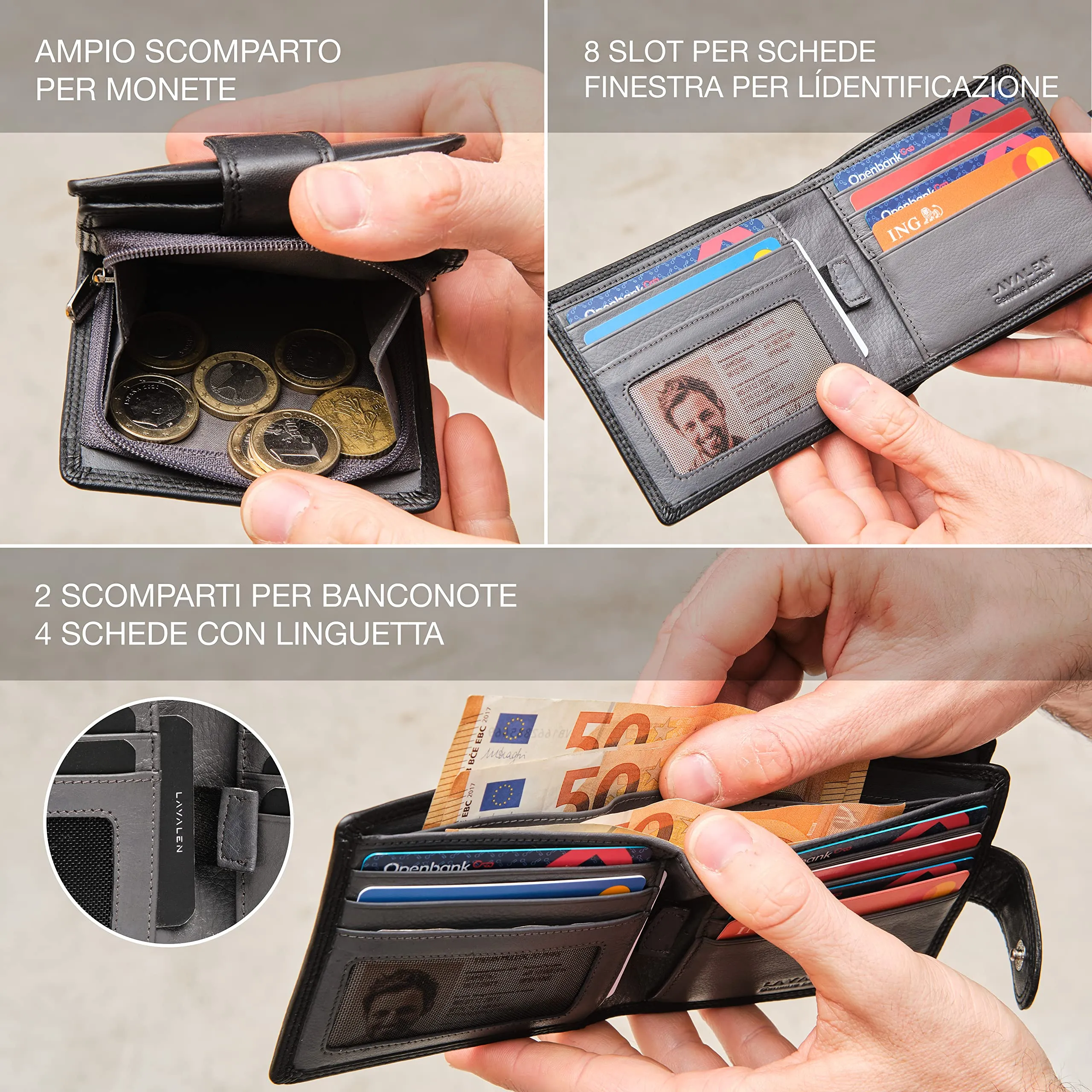 Lavalen Portafoglio Uomo in Pelle Vera RFID con Portamonete Grande - immagine 3