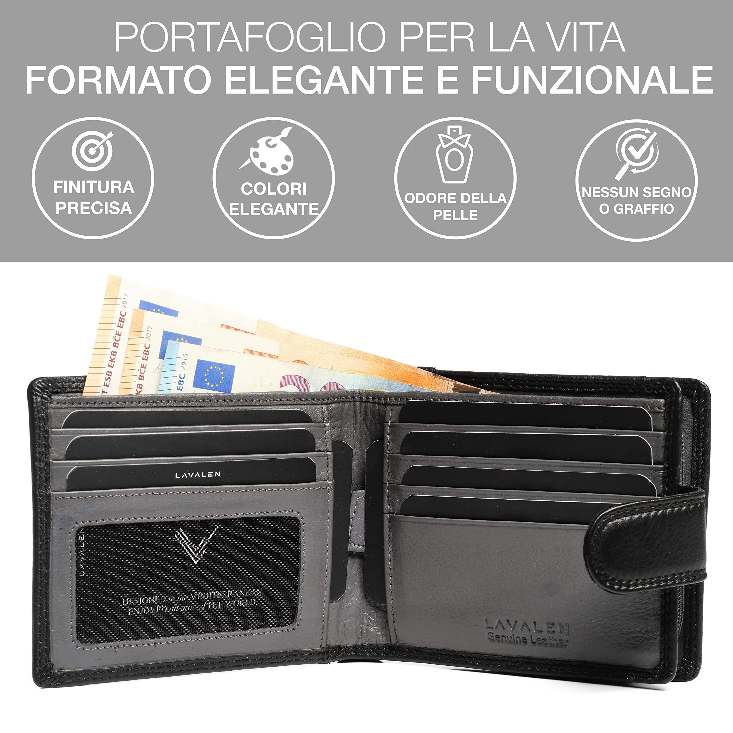 Lavalen Portafoglio Uomo in Pelle Vera RFID con Portamonete Grande - immagine 4