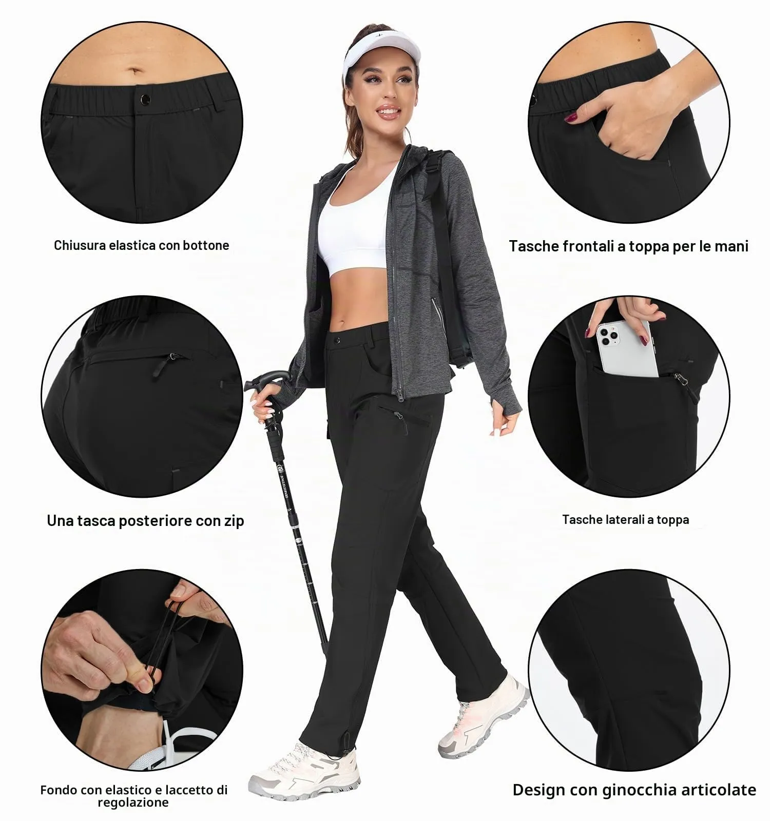 GymBrave Pantaloni Trekking Donna Cargo Capri 3/4 Estivi Nero S - immagine 5