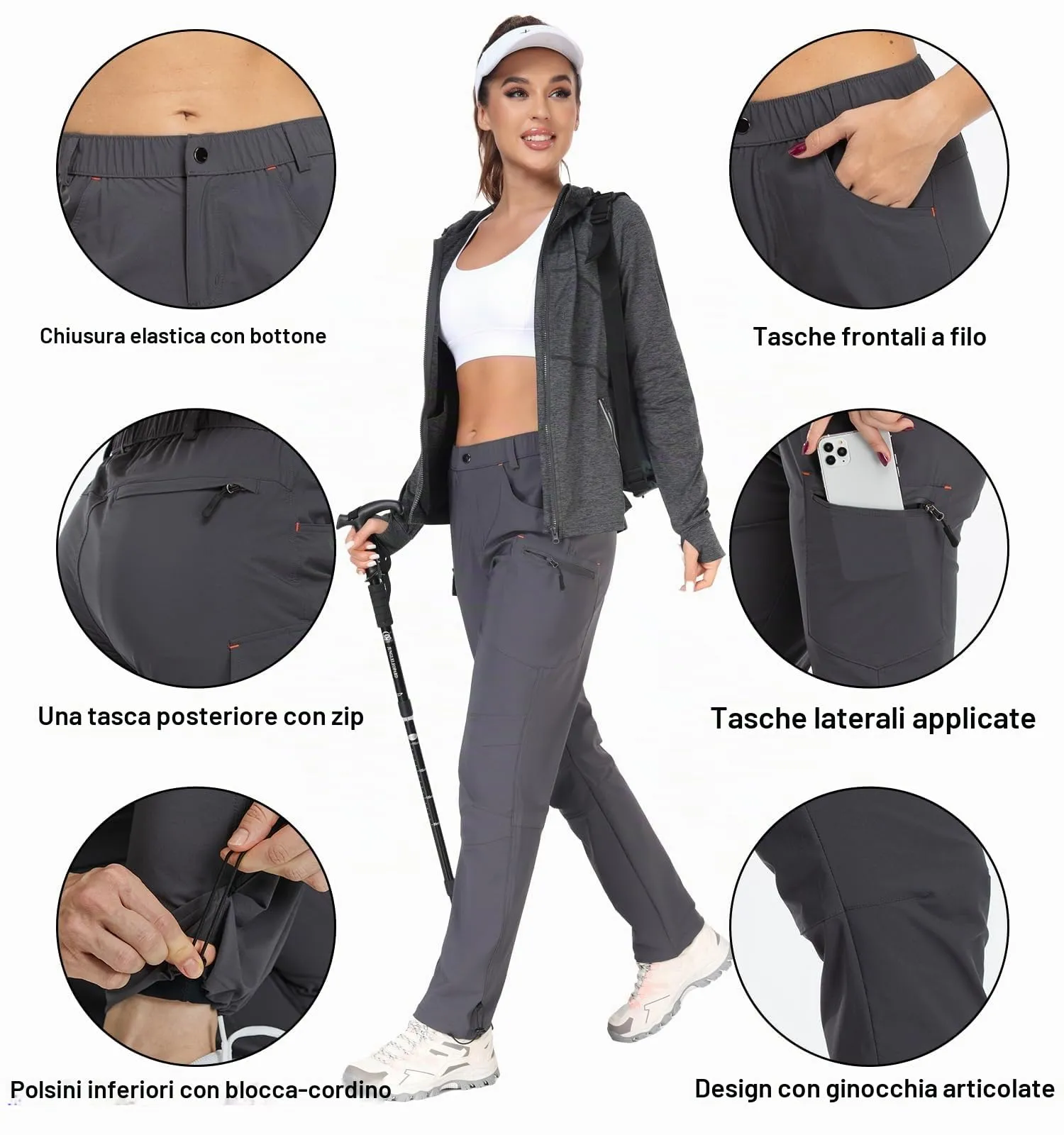 GymBrave Pantaloni Trekking Donna Cargo Capri 3/4 Estivi Grigio XL - immagine 5