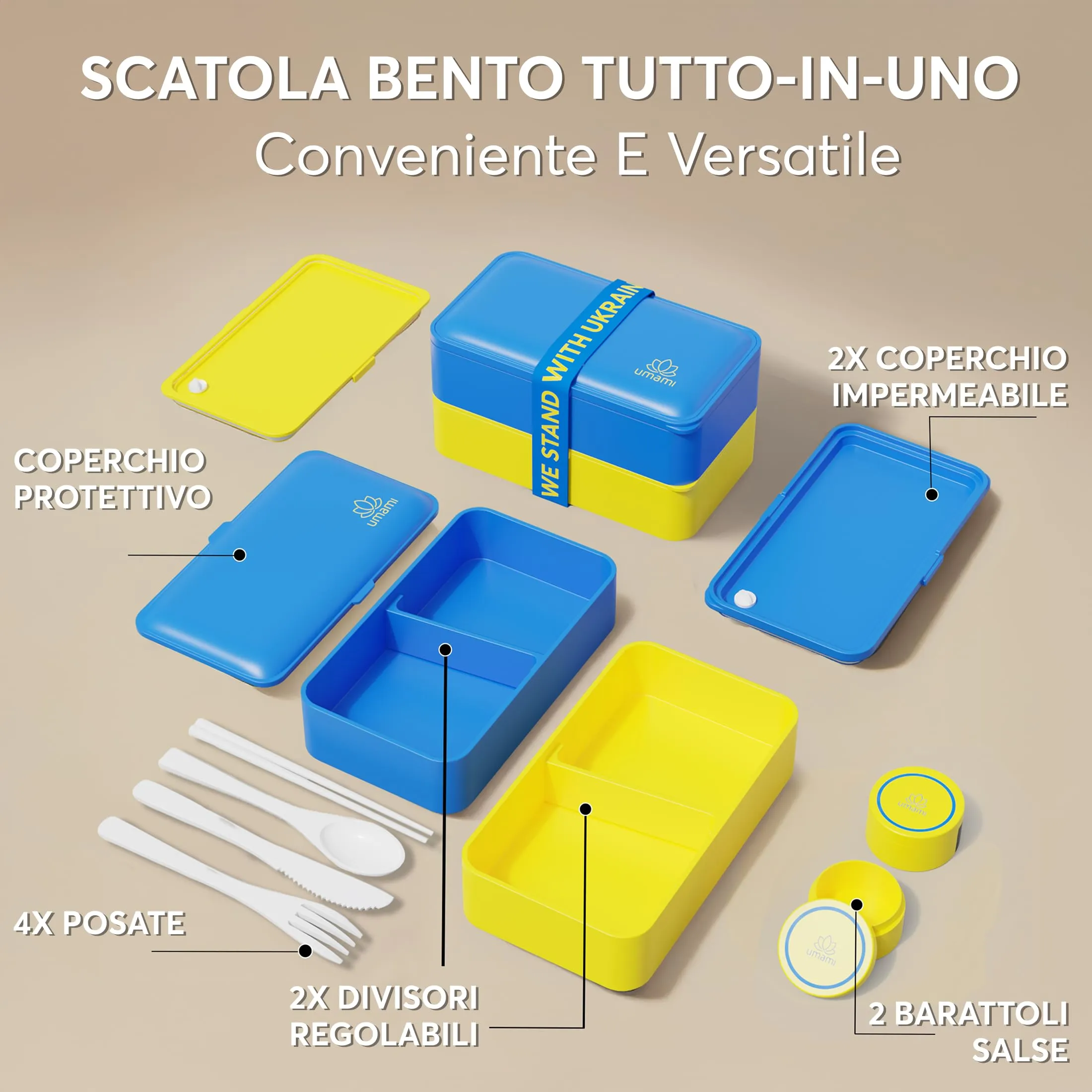 Umami Bento Box Porta Pranzo Ermetico con Scomparti, 1200 ml, Blu e Oro - immagine 3