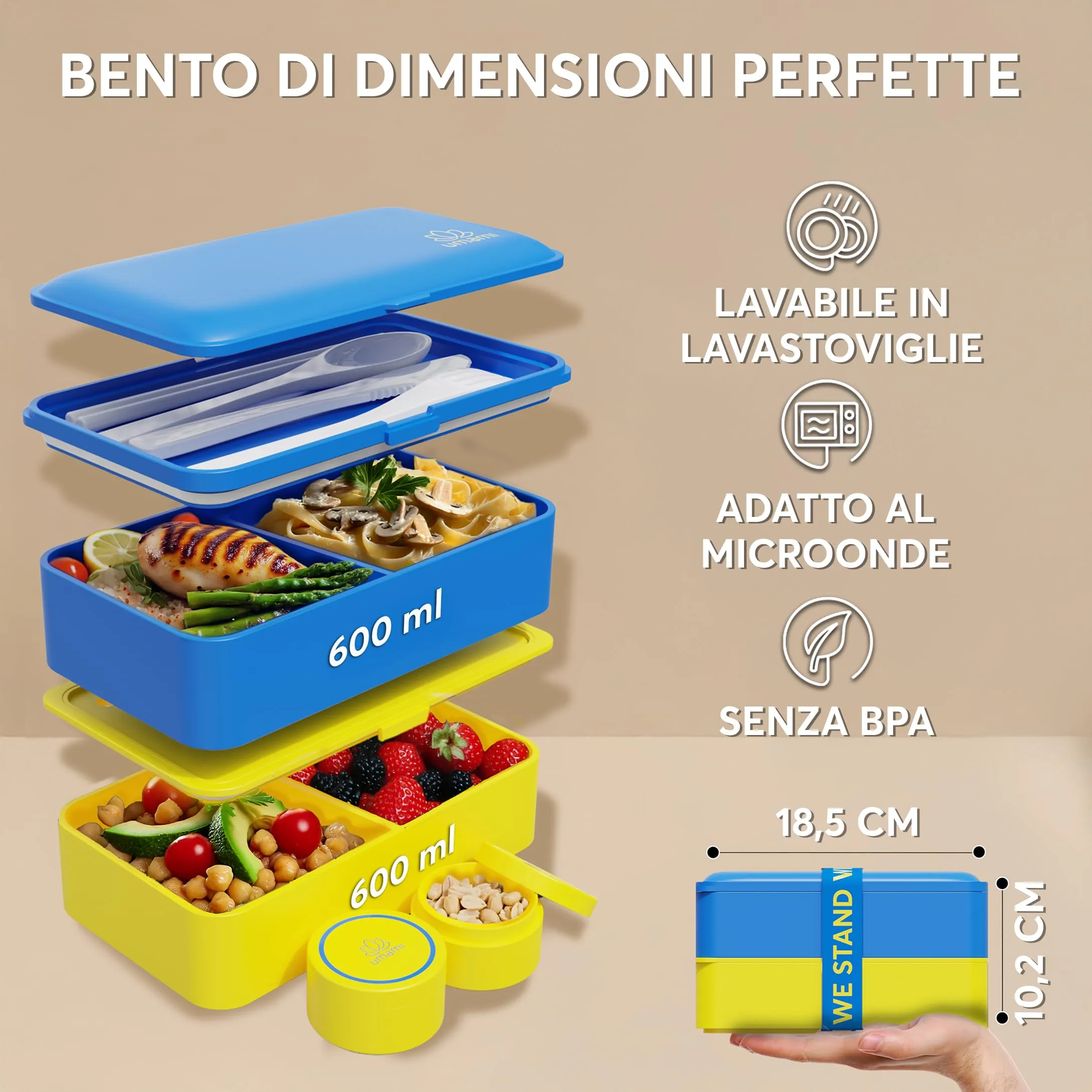 Umami Bento Box Porta Pranzo Ermetico con Scomparti, 1200 ml, Blu e Oro - immagine 5