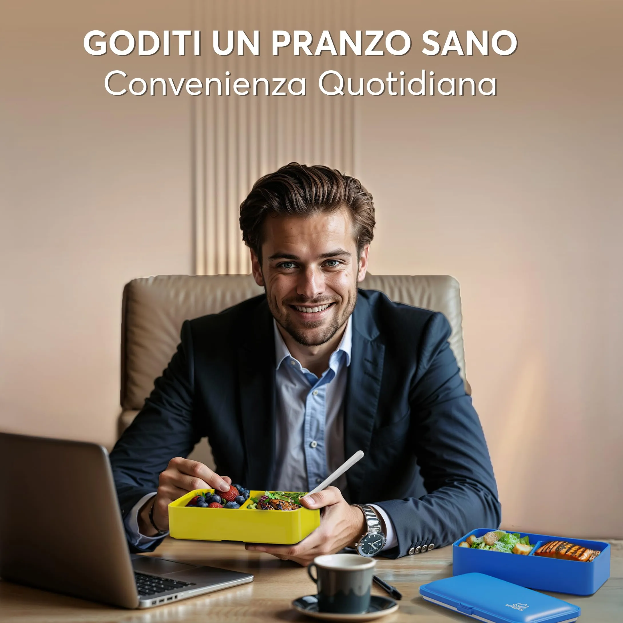 Umami Bento Box Porta Pranzo Ermetico con Scomparti, 1200 ml, Blu e Oro - immagine 6