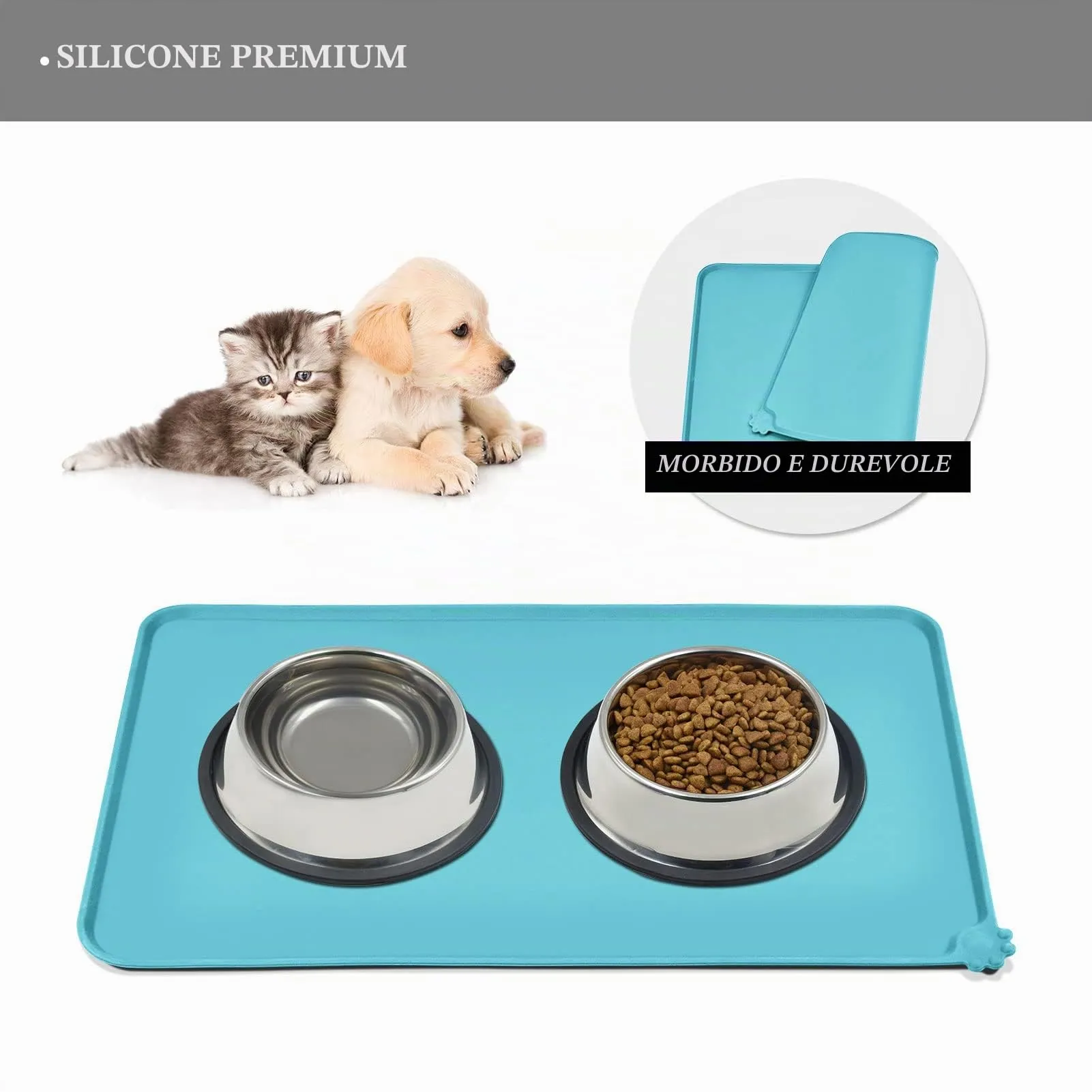 Reopet Tappetino in Silicone per Cibo e Acqua per Animali Domestici, Impermeabile e Antispill, 60 x 40 cm, Turchese - immagine 3