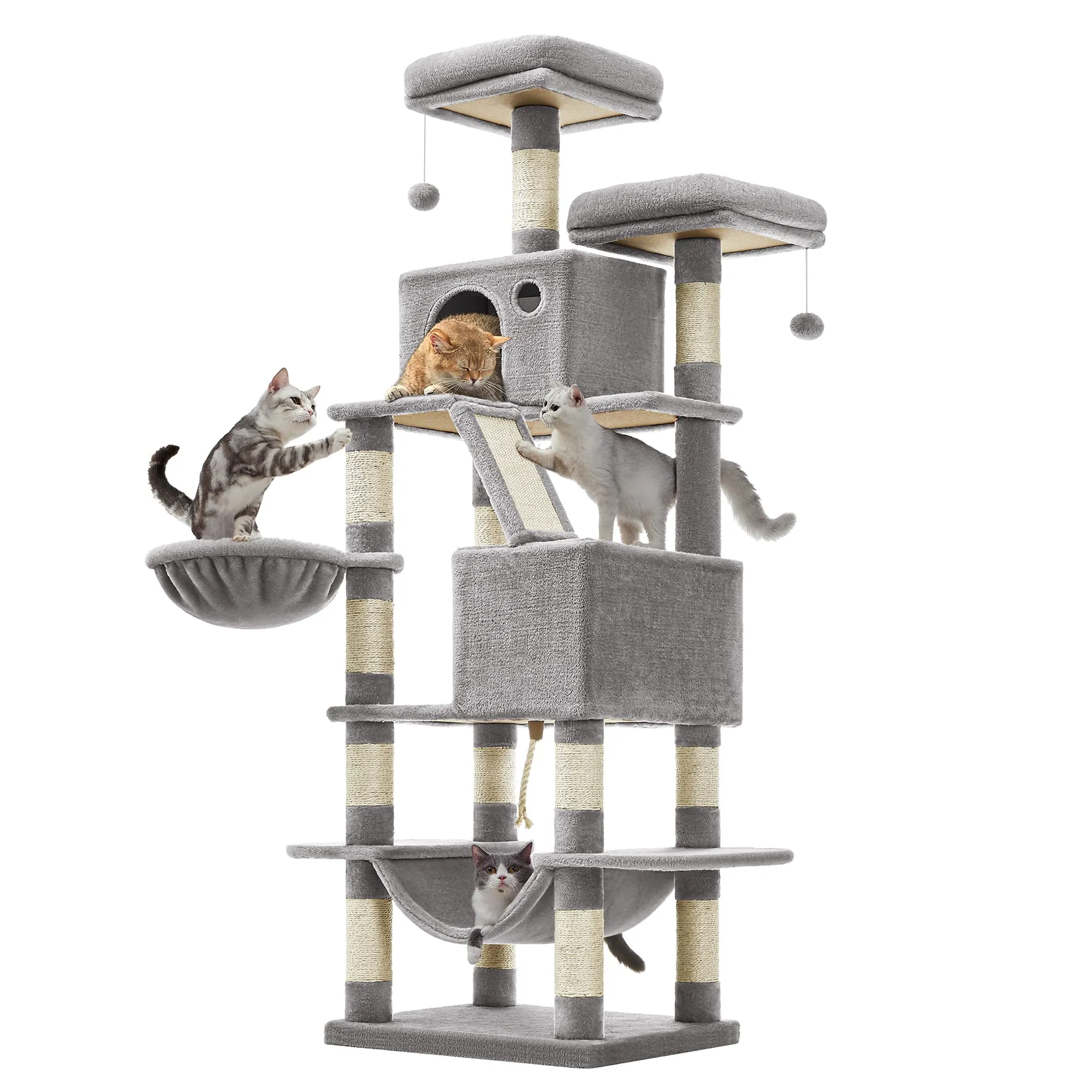 Feandrea Albero per Gatti 168 cm con Tiragraffi, 2 Posatoi, 2 Grotte, Cesto e Amaca, Grigio Chiaro PCT165W01V1 - immagine 1