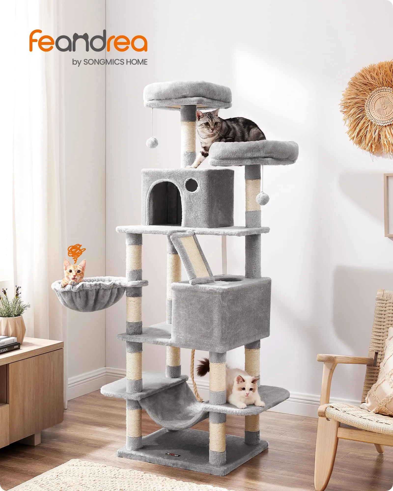 Feandrea Albero per Gatti 168 cm con Tiragraffi, 2 Posatoi, 2 Grotte, Cesto e Amaca, Grigio Chiaro PCT165W01V1 - immagine 2